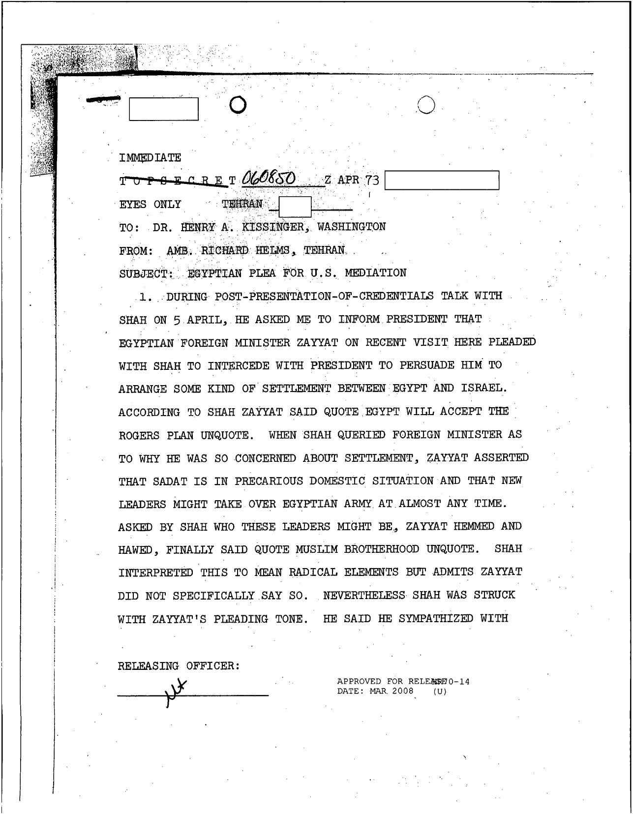 Helms to Kissinger re Egyptian plea for US mediation by Unknown