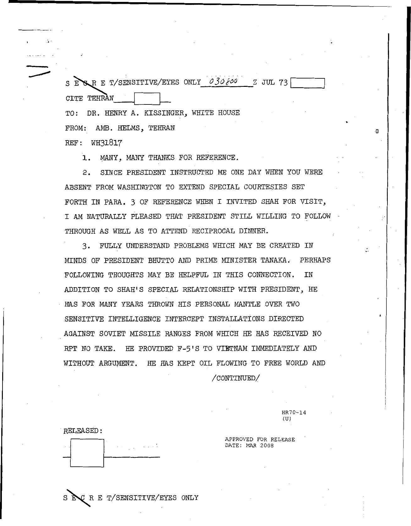 Helms to Kissinger re WH31817; thanks for reference by Unknown