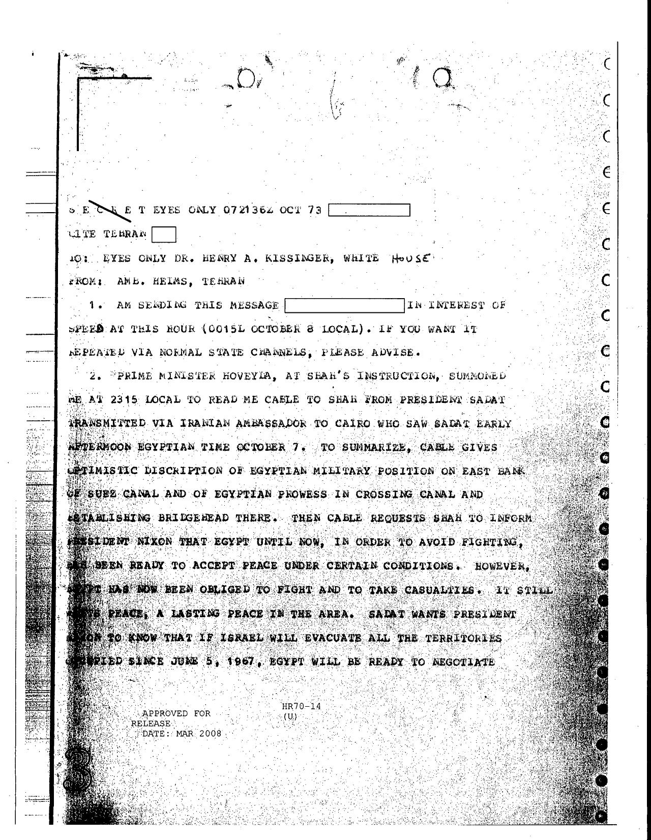 Helms to Kissinger re cable to Shah from President Sadat by Unknown