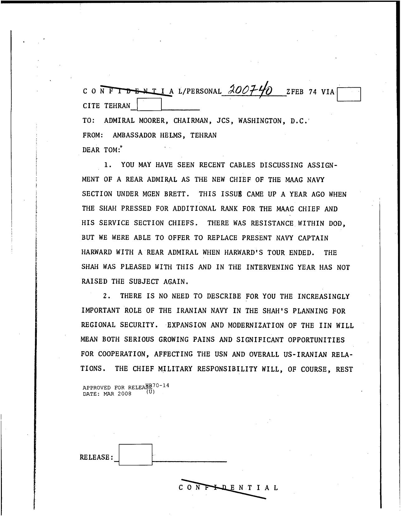 Helms to Moorer re Iranian Navy in the Shah's planning for ... 74 1503674 by Unknown