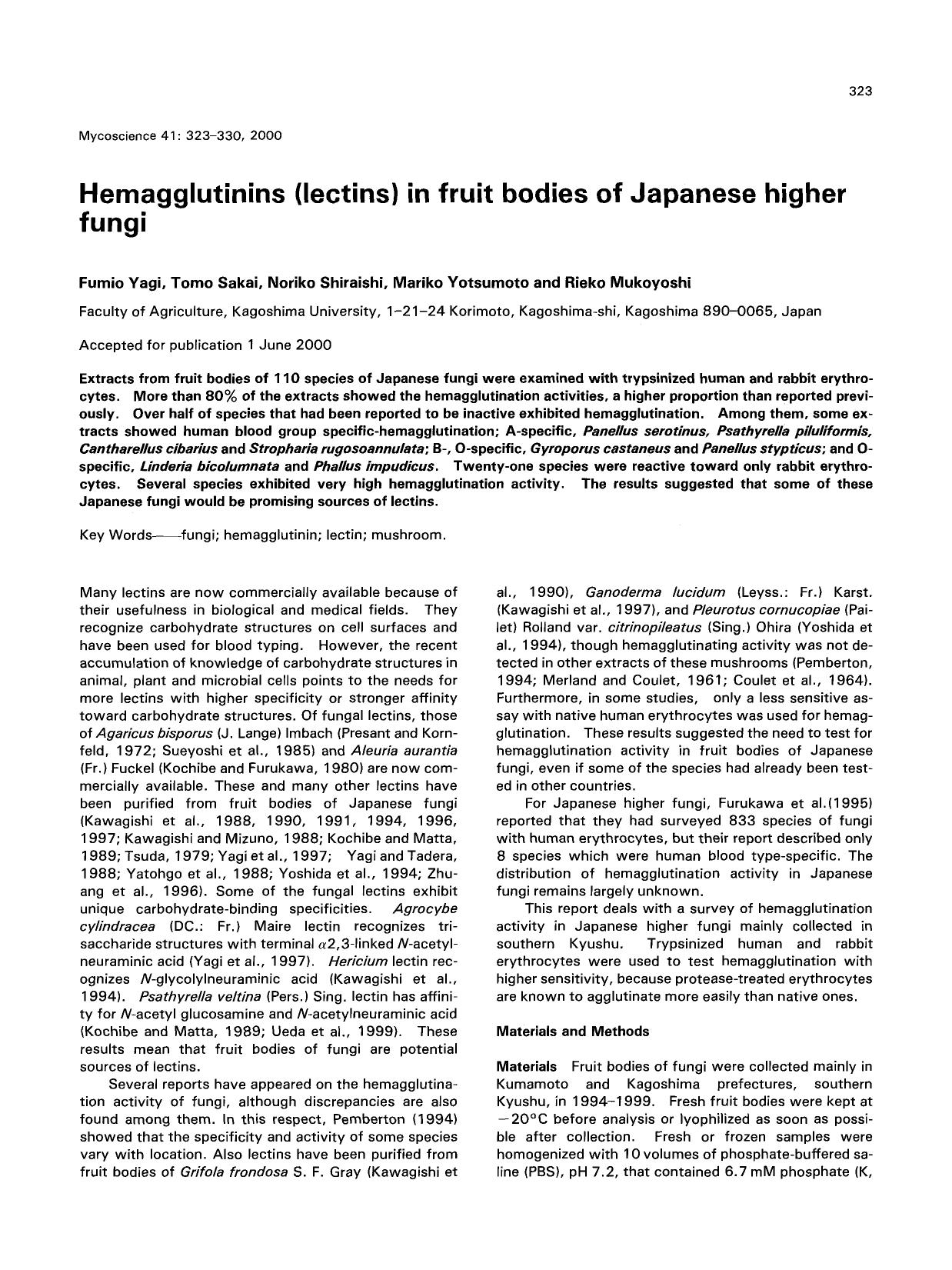 Hemagglutinins (lectins) in fruit bodies of Japanese higher fungi by Unknown