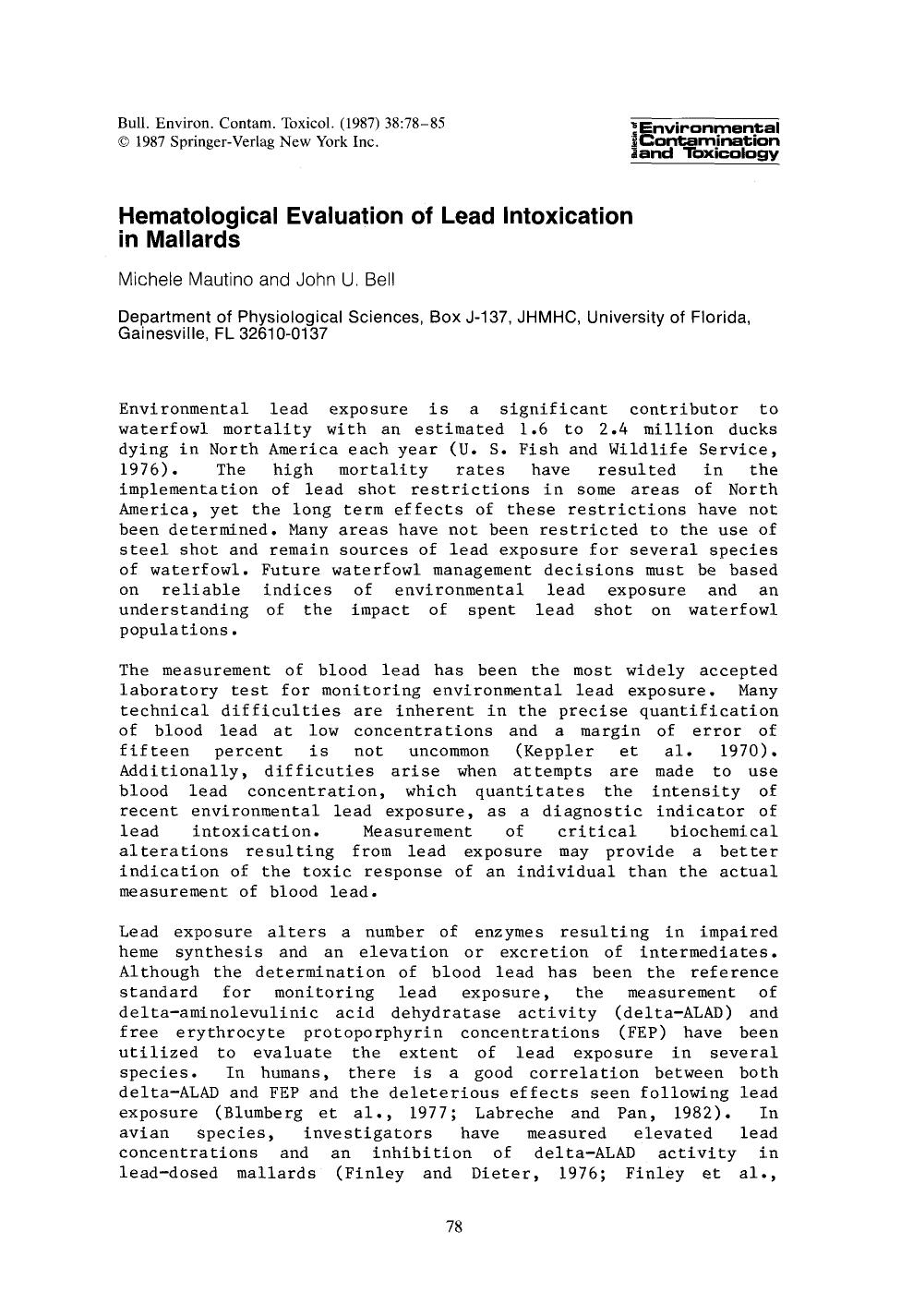 Hematological evaluation of lead intoxication in mallards by Unknown