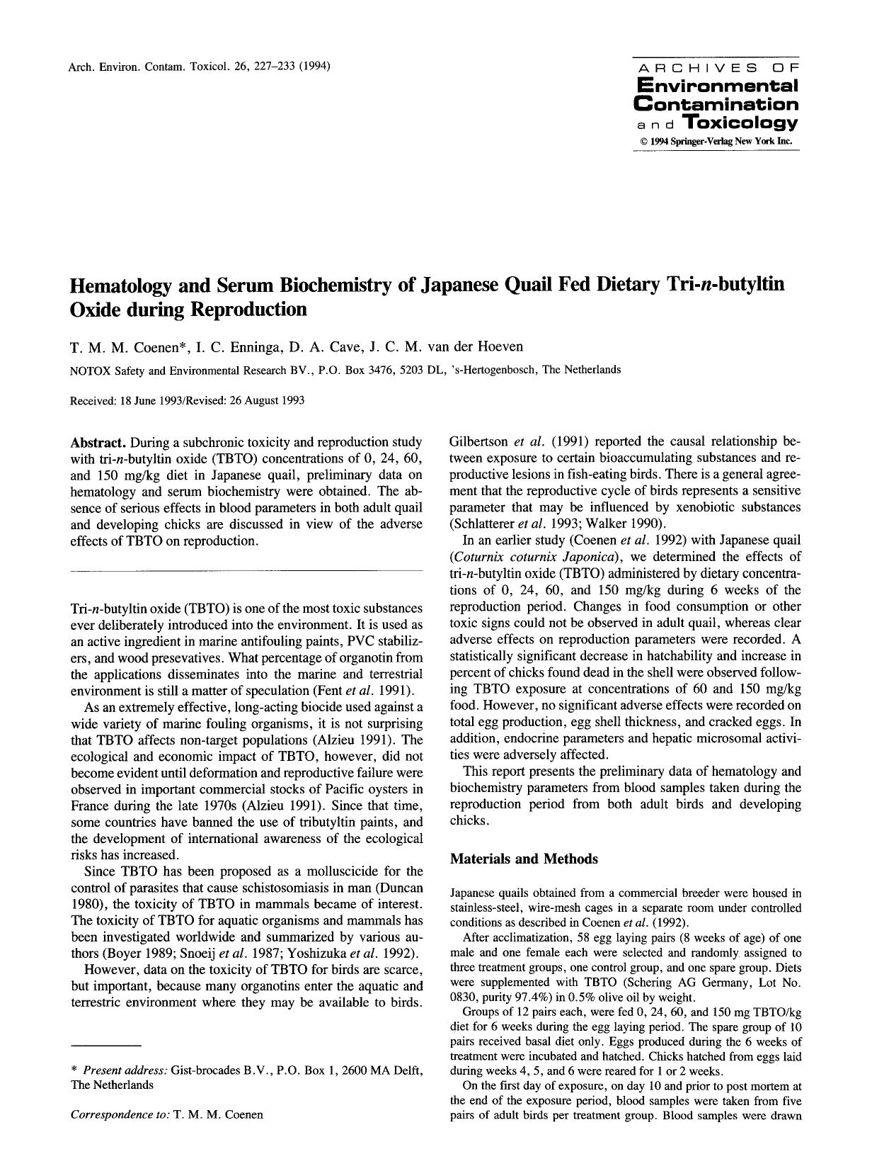 Hematology and serum biochemistry of Japanese quail fed dietary tri-<Emphasis Type="Italic">n<Emphasis>-butyltin oxide during reproduction by Unknown