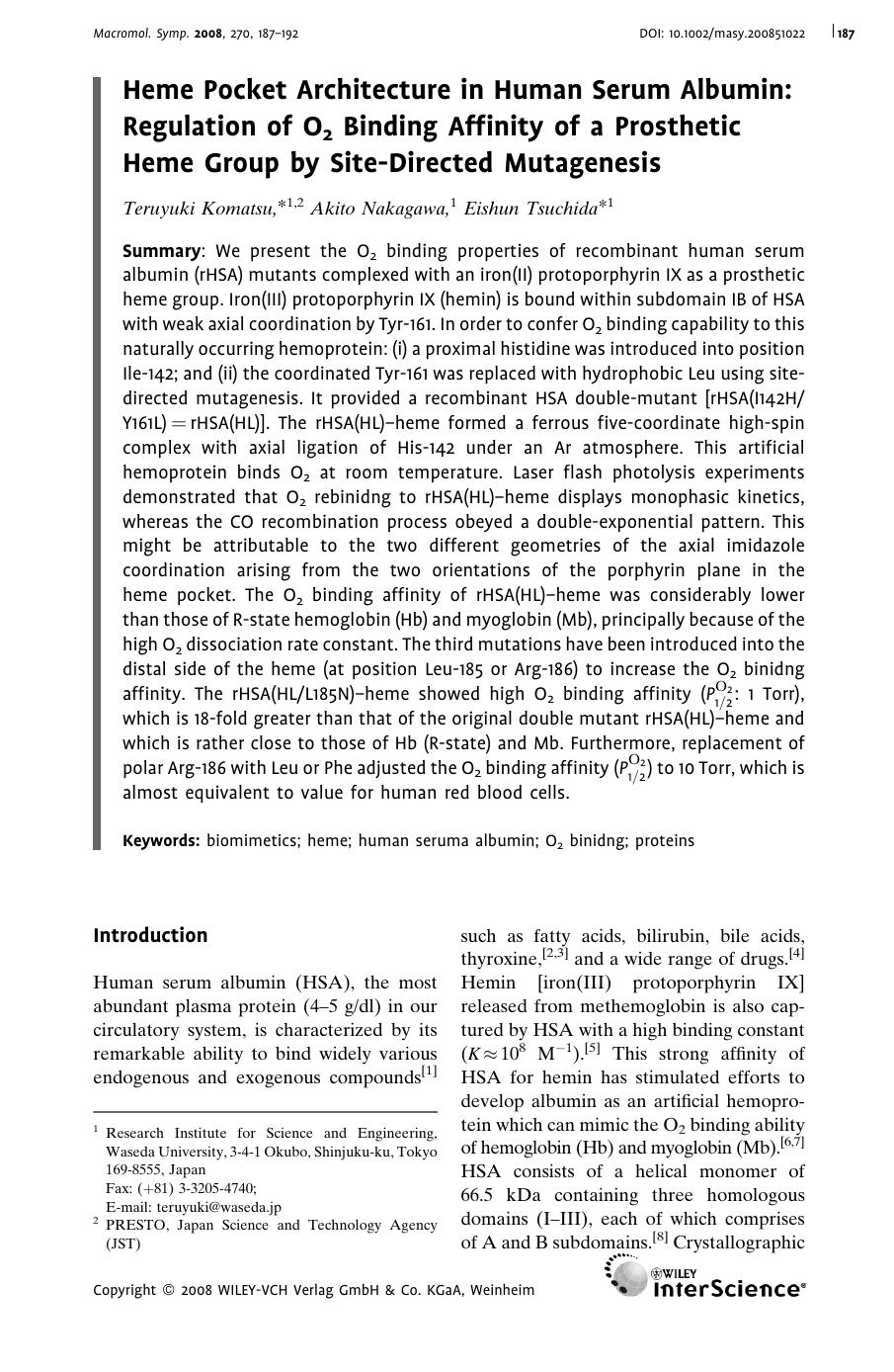 Heme Pocket Architecture in Human Serum Albumin: Regulation of O2 Binding Affinity of a Prosthetic Heme Group by Site-Directed Mutagenesis by Unknown