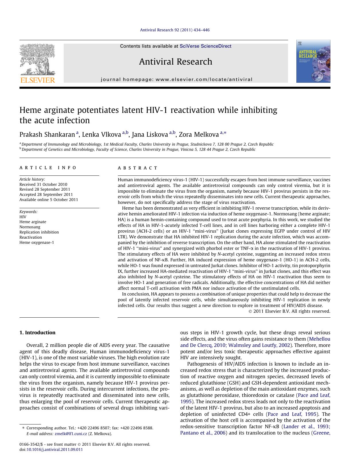 Heme arginate potentiates latent HIV-1 reactivation while inhibiting the acute infection by Prakash Shankaran & Lenka Vlkova & Jana Liskova & Zora Melkova