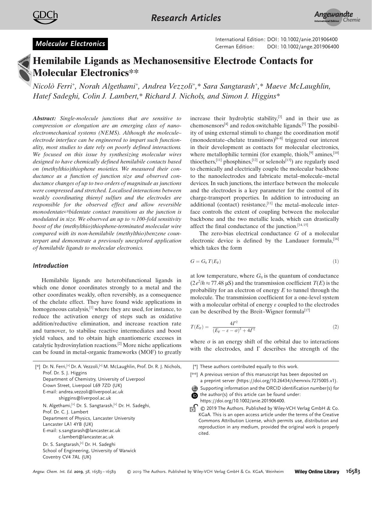 Hemilabile Ligands as Mechanosensitive Electrode Contacts for Molecular Electronics by Unknown