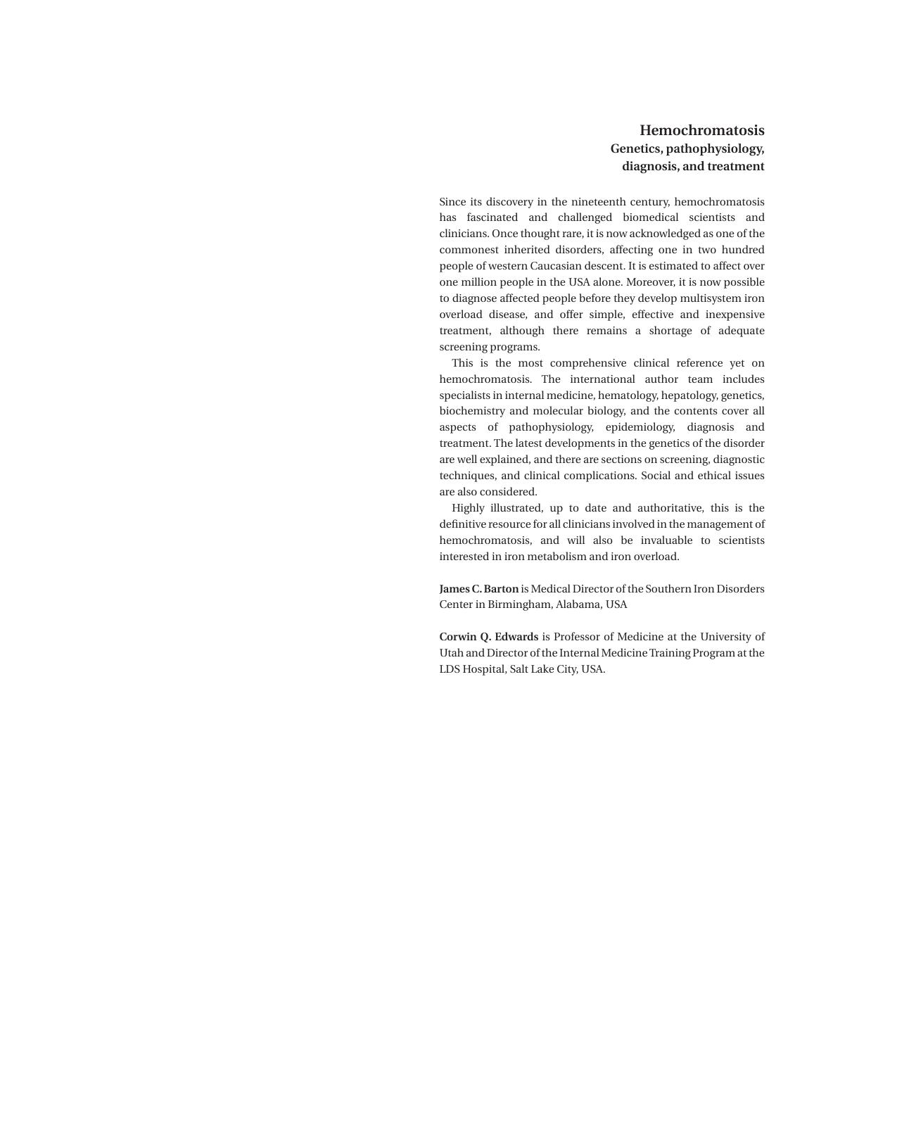 Hemochromatosis: Genetics, Pathophysiology, Diagnosis and Treatment by James C. Barton Corwin Q. Edwards