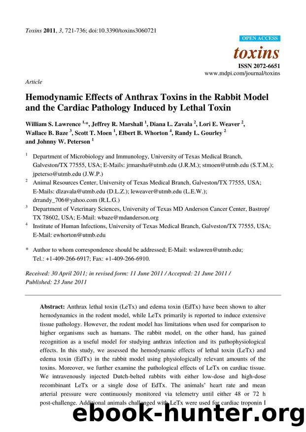 Hemodynamic Effects of Anthrax Toxins in the Rabbit Model and the Cardiac Pathology Induced by Lethal Toxin by William S. Lawrence & Jeffrey R. Marshall & Diana L. Zavala & Lori E. Weaver