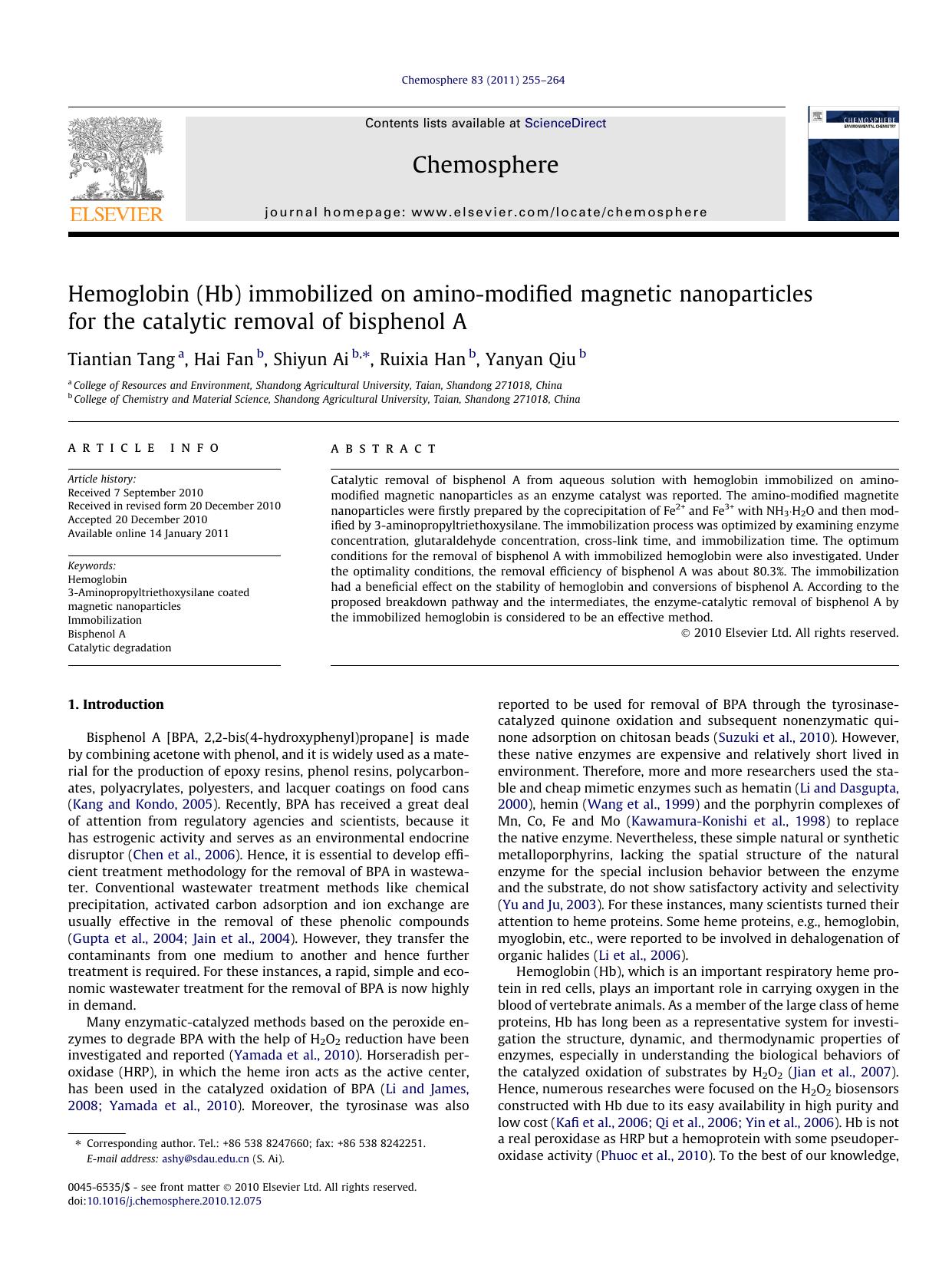 Hemoglobin (Hb) immobilized on amino-modified magnetic nanoparticles for the catalytic removal of bisphenol A by Tiantian Tang & Hai Fan & Shiyun Ai & Ruixia Han & Yanyan Qiu
