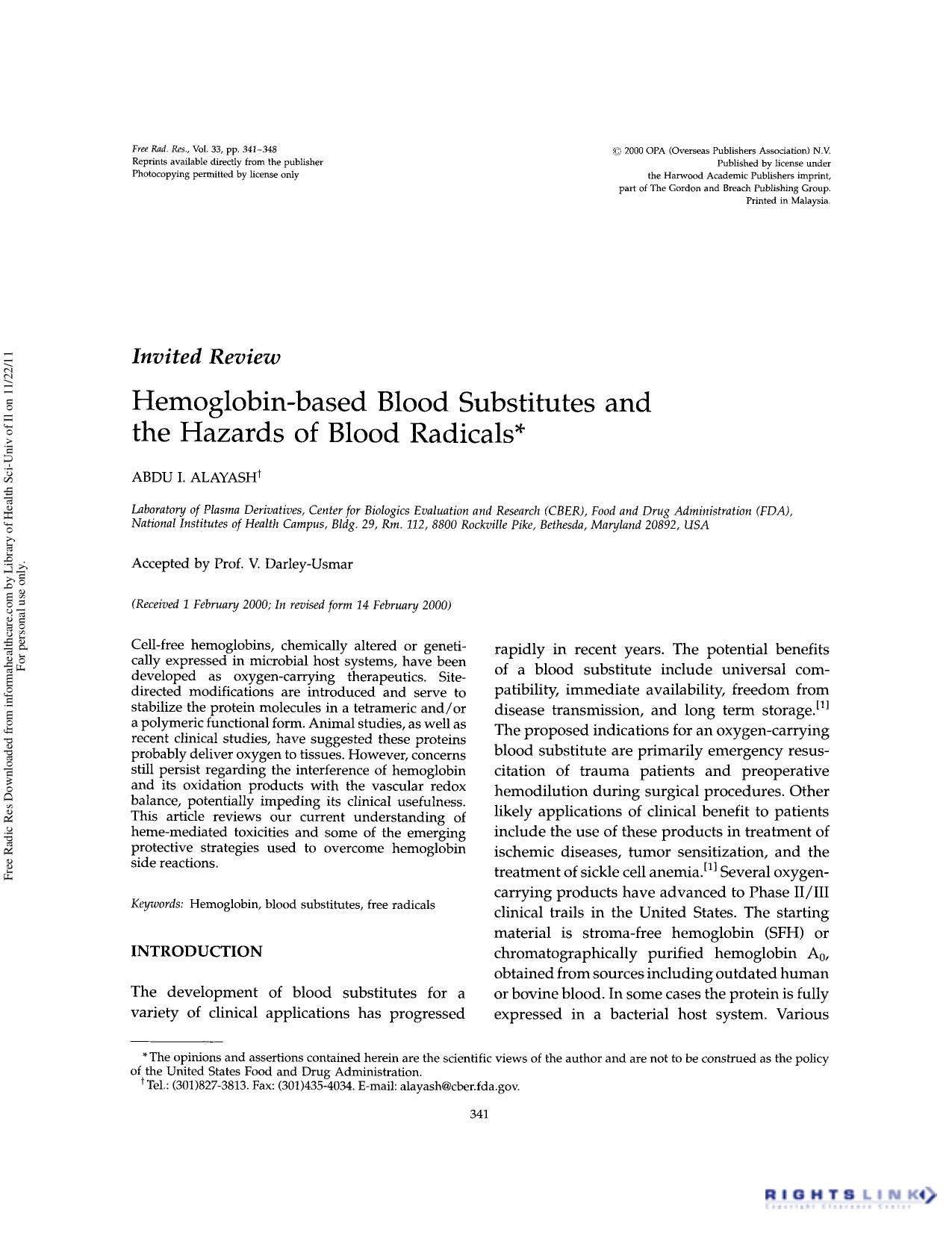 Hemoglobin-based blood substitutes and the hazards of blood radicals by Abdu I. Alayash