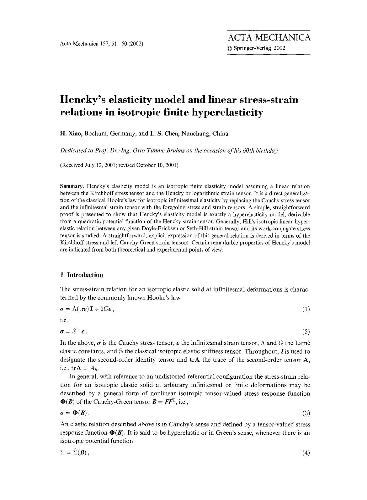 Hencky's elasticity model and linear stress-strain relations in isotropic finite hyperelasticity by Unknown