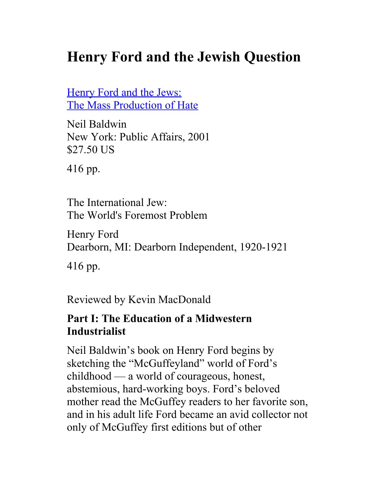 Henry Ford and the Jewish Question (Review) by Unknown