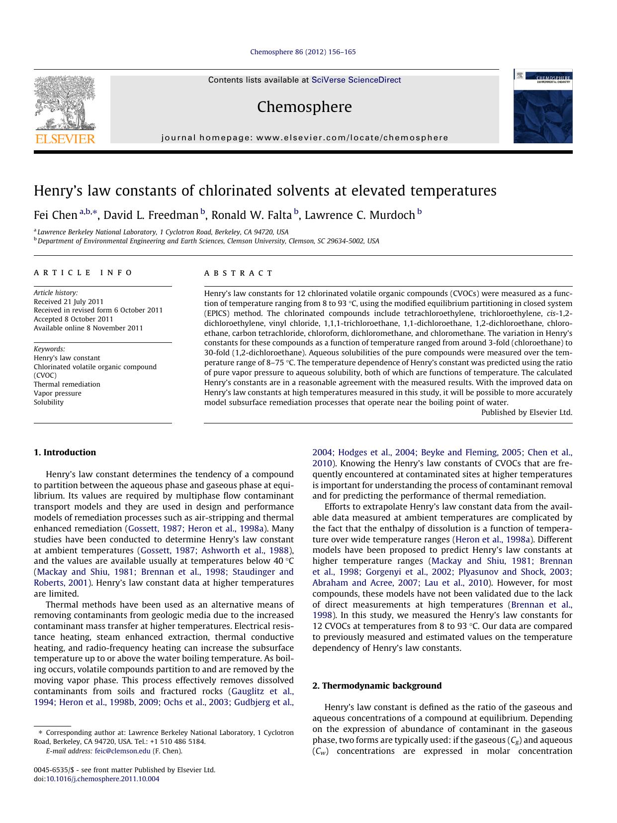 HenryÃ¢â¬â¢s law constants of chlorinated solvents at elevated temperatures by Fei Chen & David L. Freedman & Ronald W. Falta & Lawrence C. Murdoch