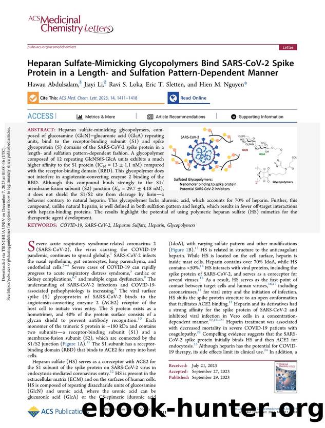 Heparan Sulfate-Mimicking Glycopolymers Bind SARS-CoV-2 Spike Protein in a Length- and Sulfation Pattern-Dependent Manner by Hawau Abdulsalam Jiayi Li Ravi S. Loka Eric T. Sletten & Hien M. Nguyen