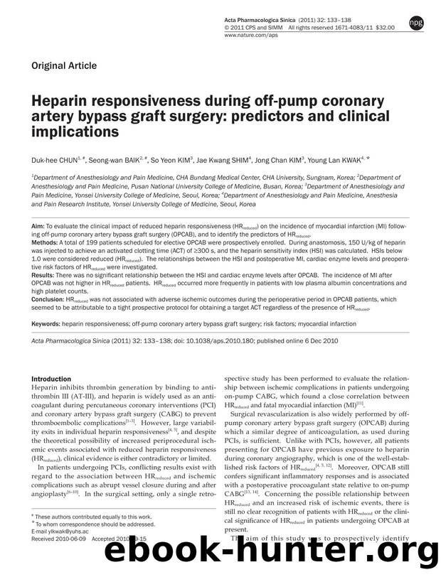 Heparin responsiveness during off-pump coronary artery bypass graft surgery: predictors and clinical implications by Duk-hee Chun & Seong-wan Baik & So Yeon Kim & Jae Kwang Shim & Jong Chan Kim & Young Lan Kwak