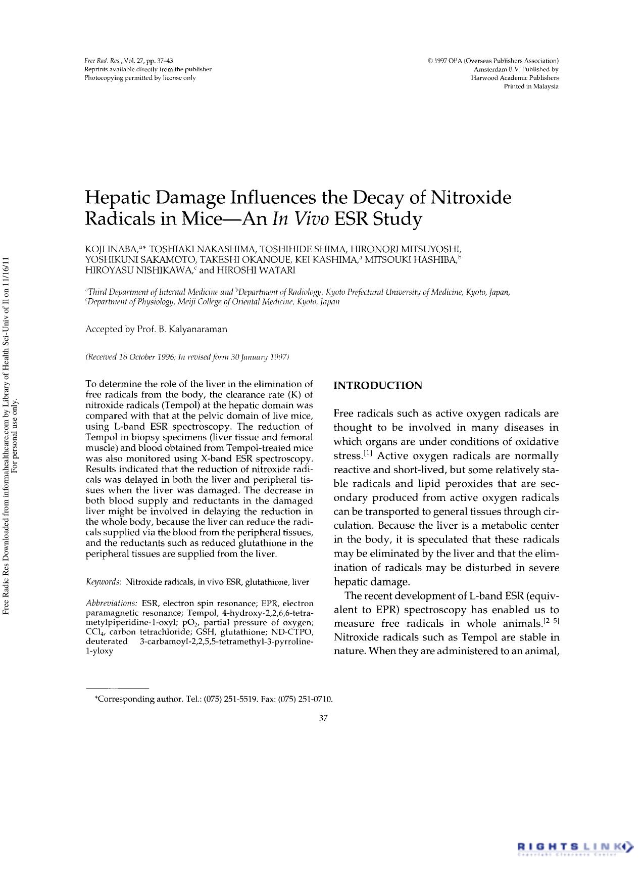 Hepatic Damage Influences the Decay of Nitroxide Radicals in MiceâAn In Vivo ESR Study by unknow