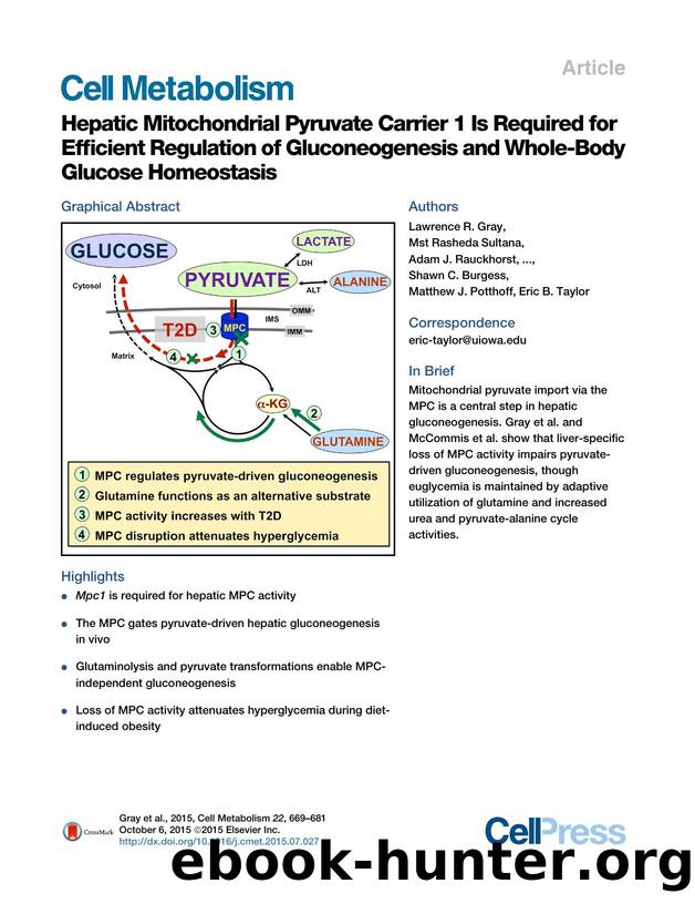 Hepatic Mitochondrial Pyruvate Carrier 1 Is Required for Efficient Regulation of Gluconeogenesis and Whole-Body Glucose Homeostasis by unknow