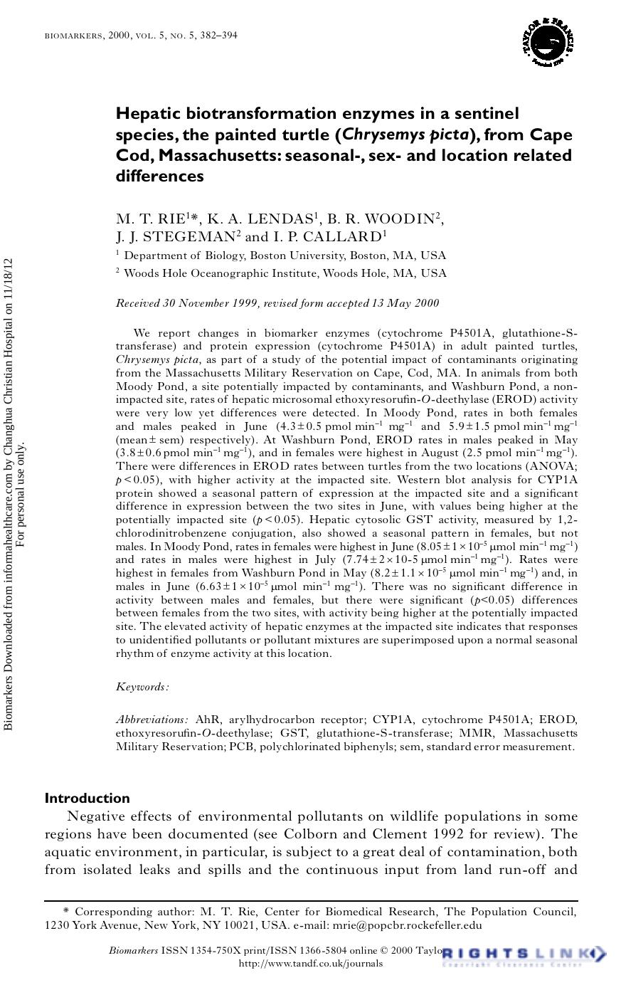Hepatic biotransformation enzymes in a sentinel species, the painted turtle (Chrysemys picta), from Cape Cod, Massachusetts: seasonal-, sex- and location related differences by M. T. Rie K. A. Lendas B. R. Woodin J. J. Stegeman I. P.Callard