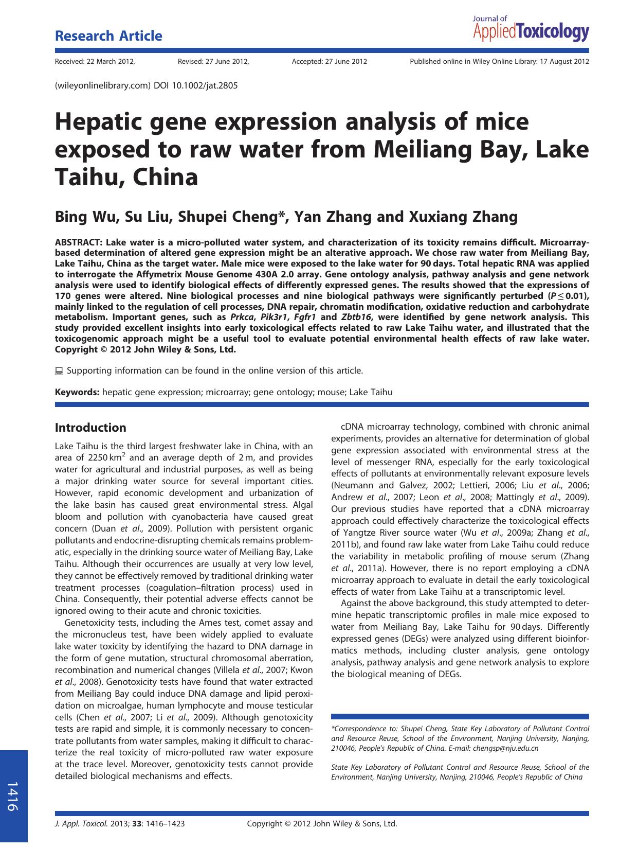 Hepatic gene expression analysis of mice exposed to raw water from Meiliang Bay, Lake Taihu, China by Unknown