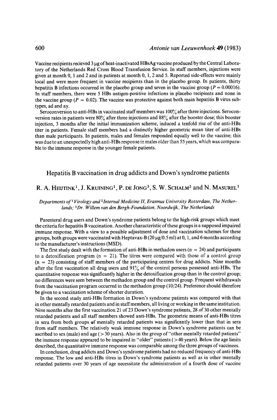 Hepatitis B vaccination in drug addicts and Down's syndrome patients by Unknown