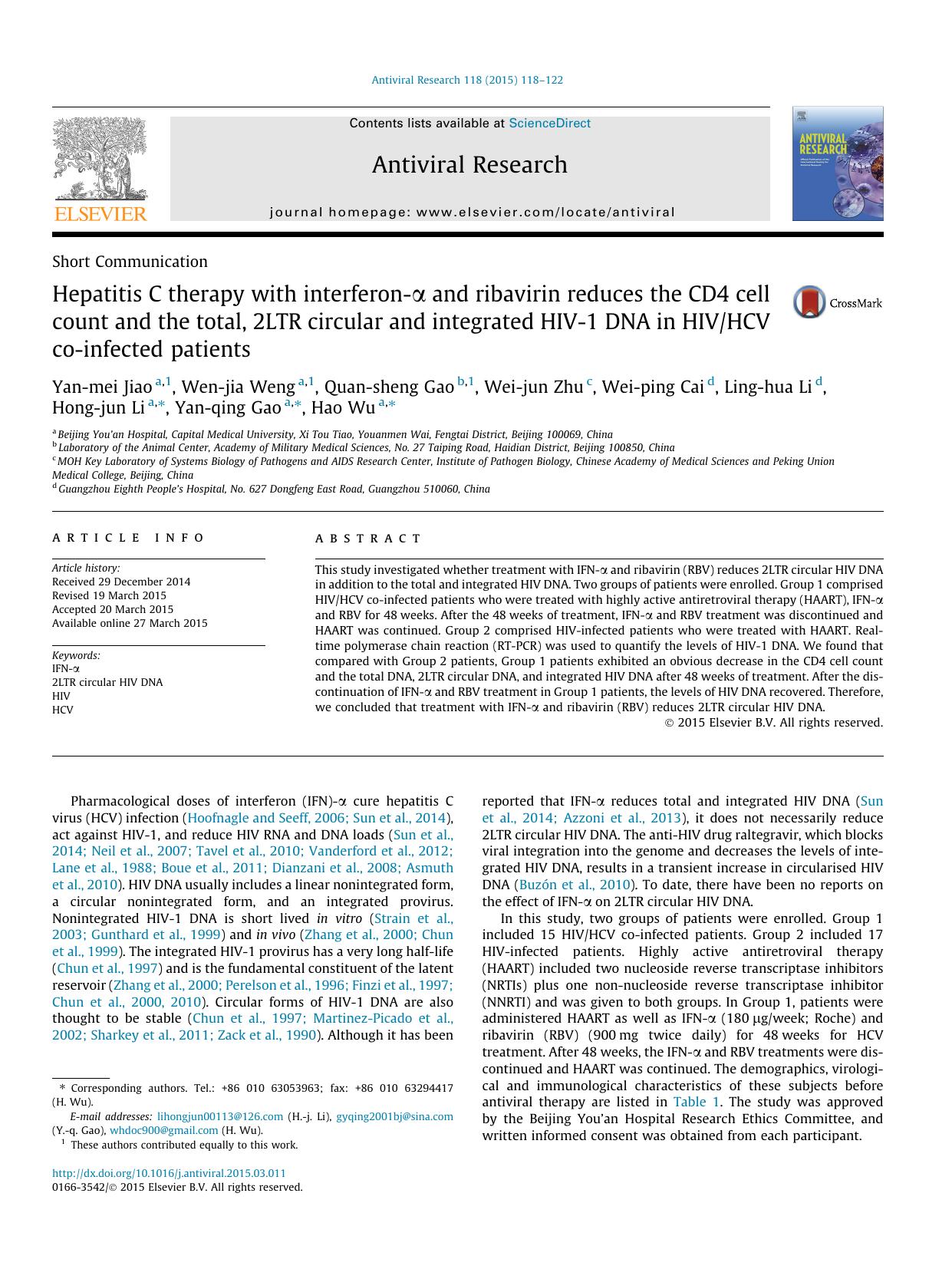 Hepatitis C therapy with interferon-ÃÂ± and ribavirin reduces the CD4 cell count and the total, 2LTR circular and integrated HIV-1 DNA in HIVHCV co-infected patients by unknow