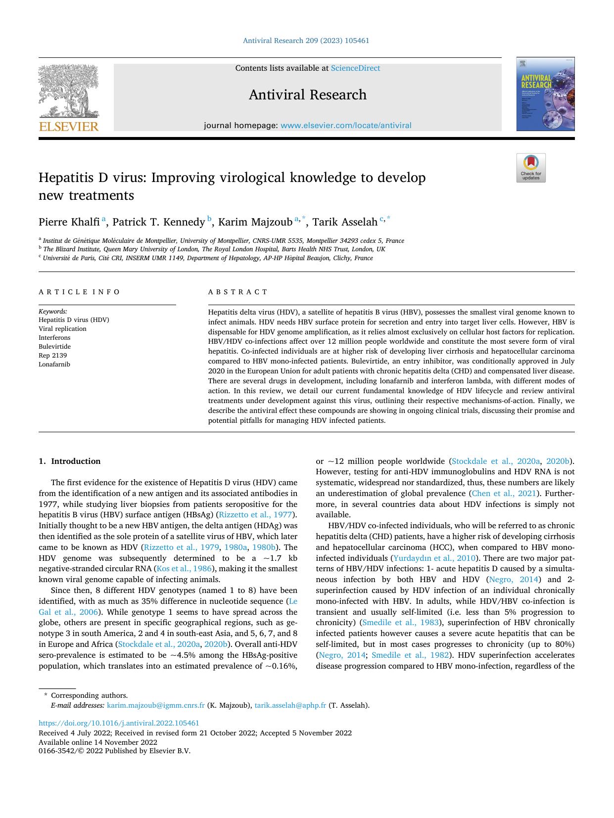 Hepatitis D virus: Improving virological knowledge to develop new treatments by Pierre Khalfi & Patrick T. Kennedy & Karim Majzoub & Tarik Asselah