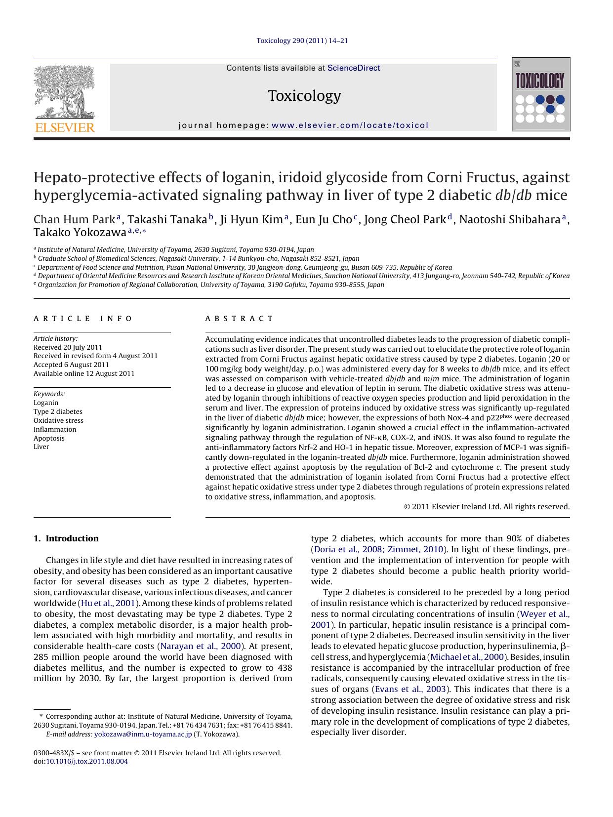 Hepato-protective effects of loganin, iridoid glycoside from Corni Fructus, against hyperglycemia-activated signaling pathway in liver of type 2 diabetic dbdb mice by Chan Hum Park