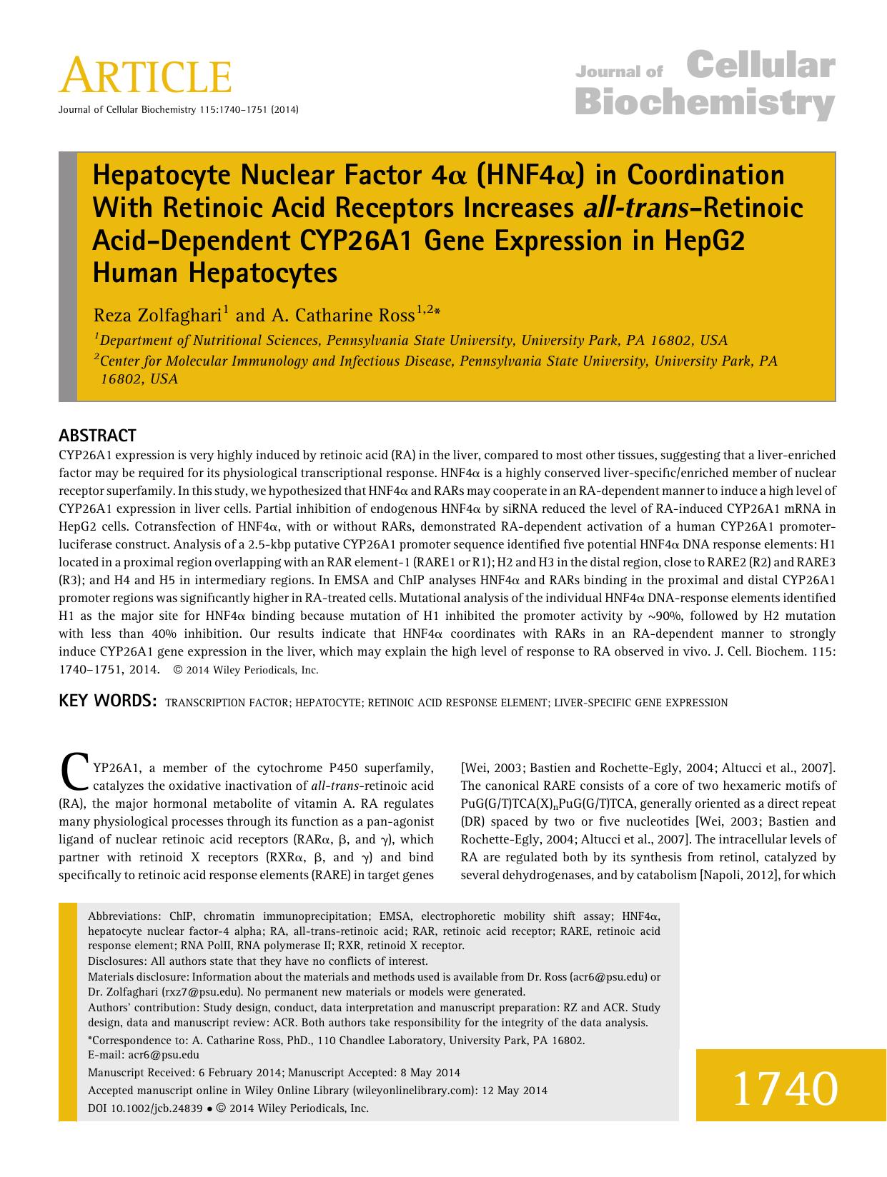 Hepatocyte Nuclear Factor 4 (HNF4) in Coordination With Retinoic Acid Receptors Increases alltransRetinoic AcidDependent CYP26A1 Gene Expression in HepG2 Human Hepatocytes by Unknown