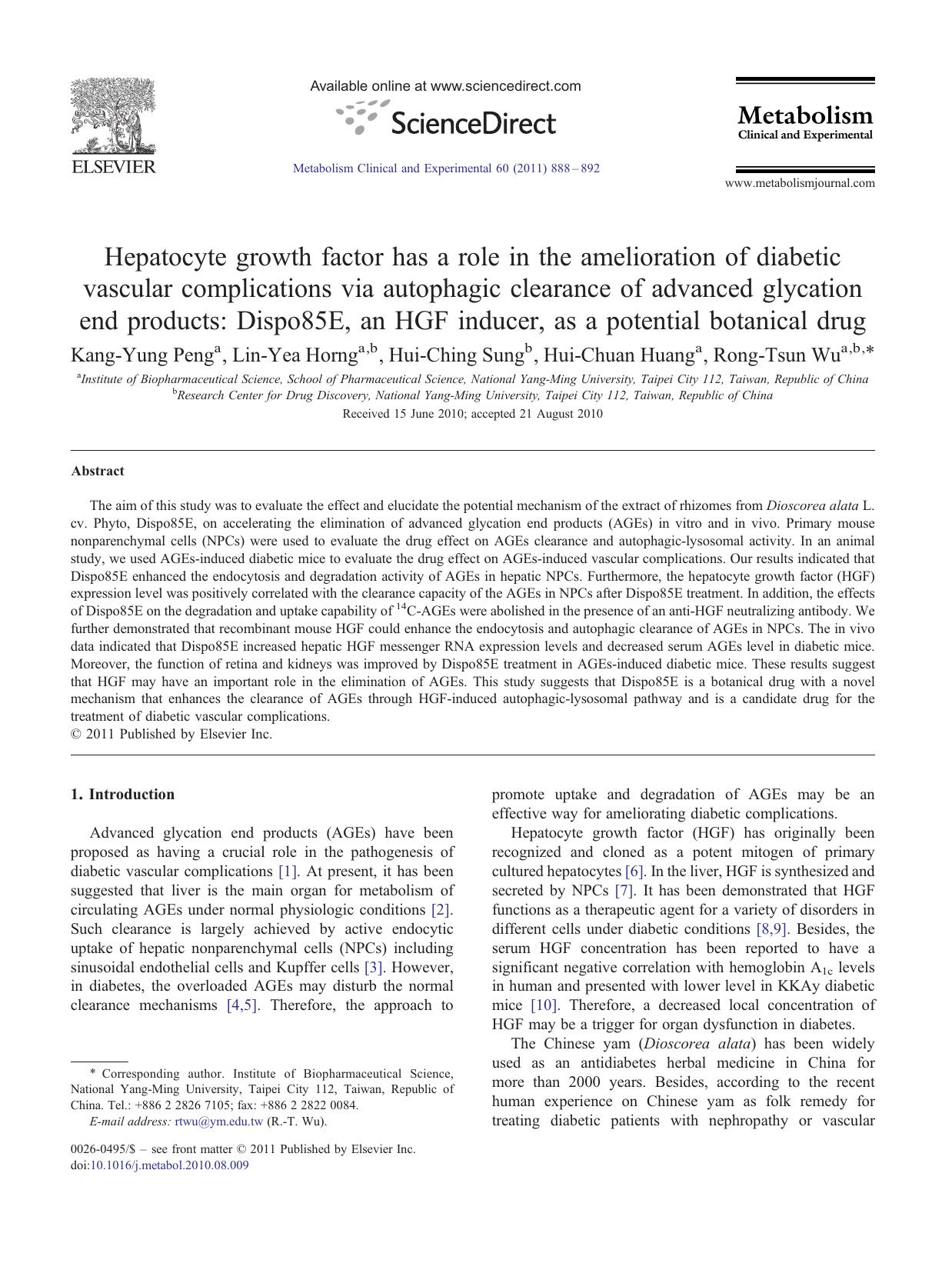 Hepatocyte growth factor has a role in the amelioration of diabetic vascular complications via autophagic clearance of advanced glycation end products: Dispo85E, an HGF inducer, as by Kang-Yung Peng & Lin-Yea Horng & Hui-Ching Sung & Hui-Chuan Huang & Rong-Tsun Wu