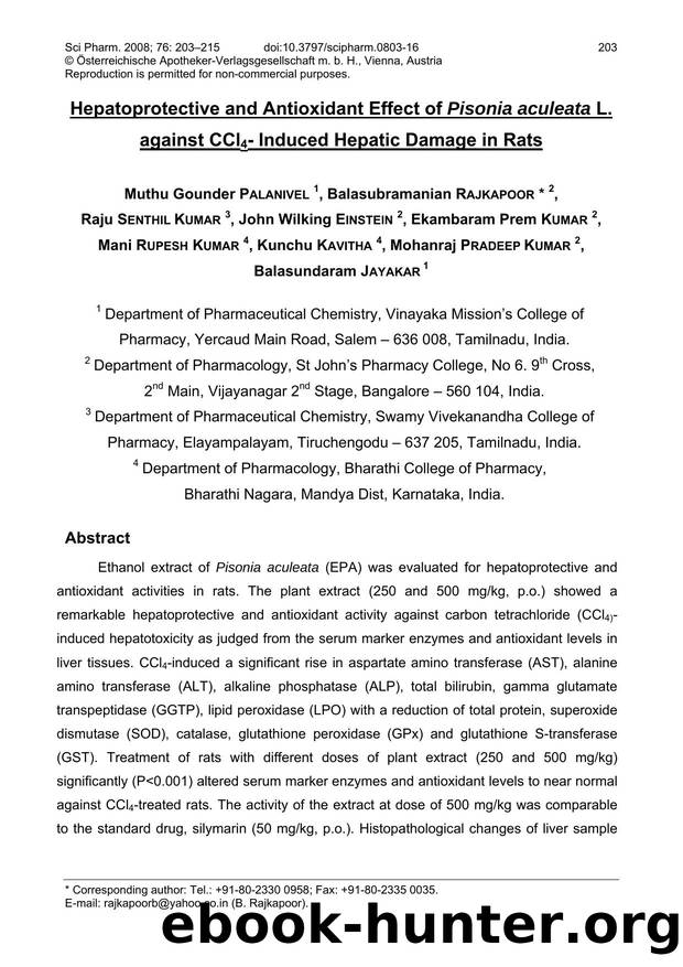Hepatoprotective and Antioxidant Effect of Pisonia aculeata L. against CCl4- Induced Hepatic Damage in Rats by unknow