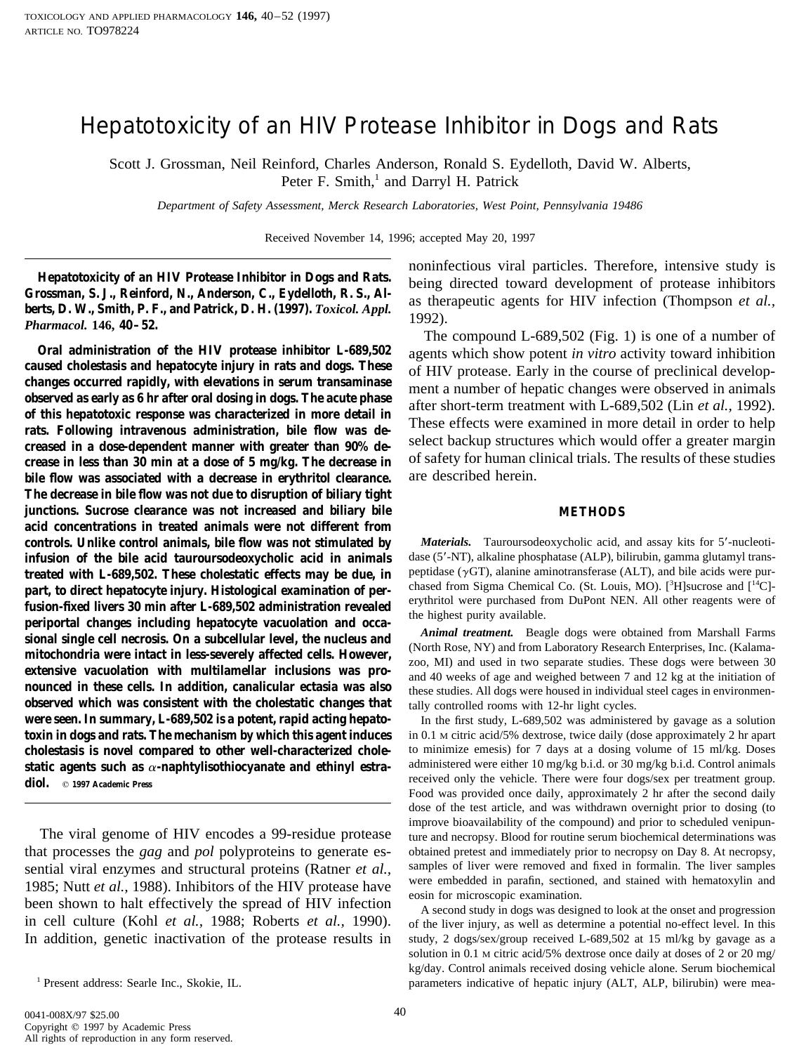 Hepatotoxicity of an HIV Protease Inhibitor in Dogs and Rats by Grossman S. J. et al