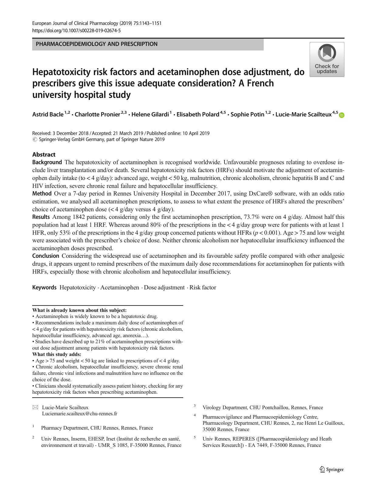 Hepatotoxicity risk factors and acetaminophen dose adjustment, do prescribers give this issue adequate consideration? A French university hospital study by unknow