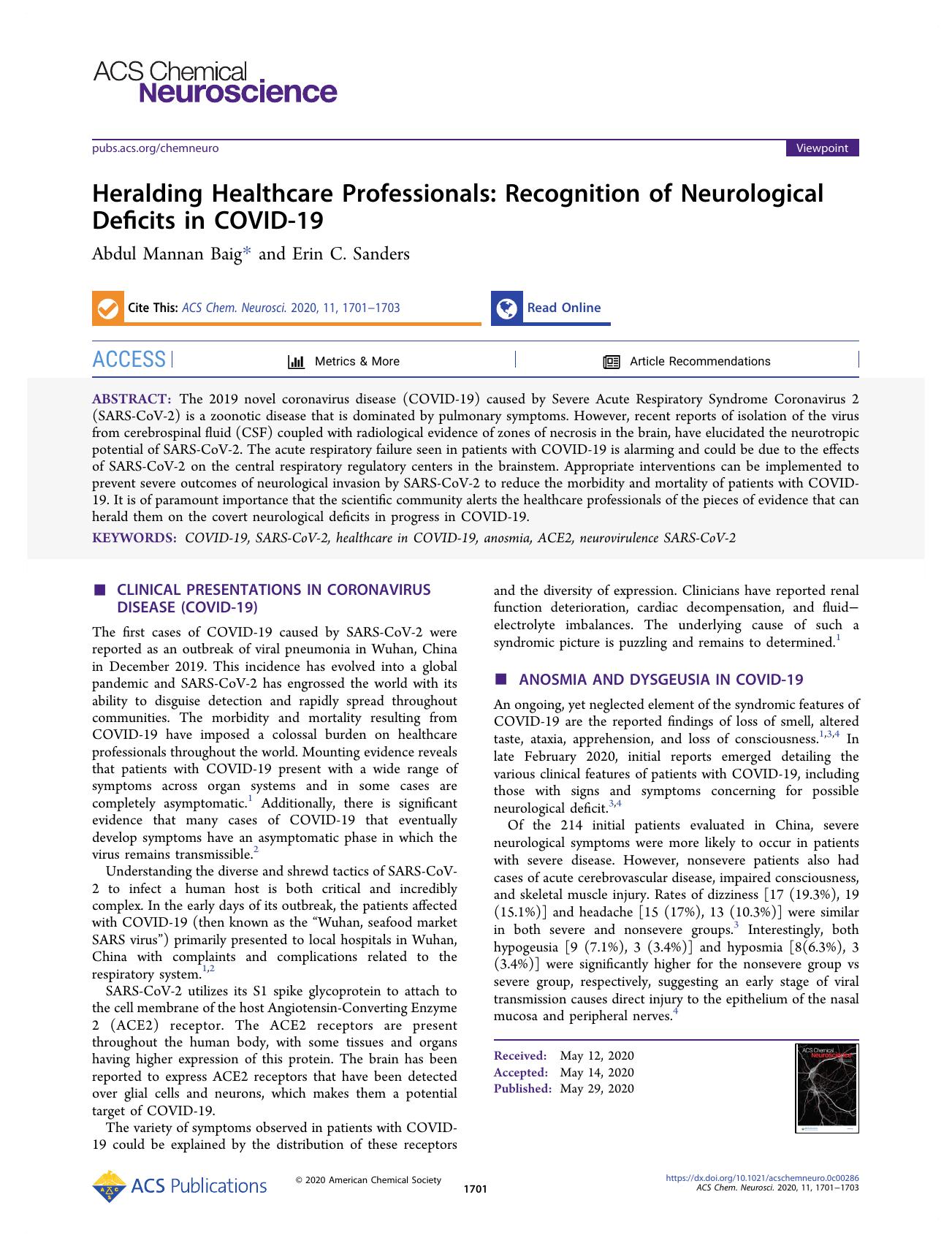 Heralding Healthcare Professionals: Recognition of Neurological Deficits in COVID-19 by Abdul Mannan Baig and Erin C. Sanders