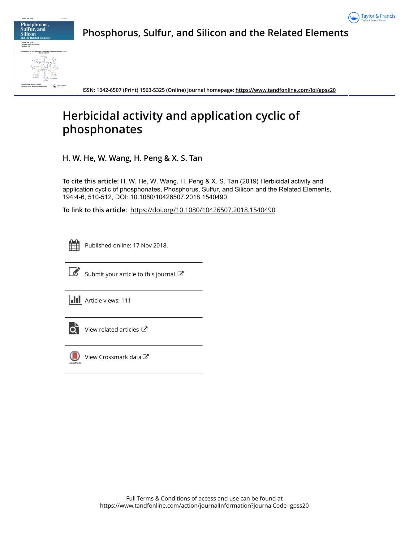 Herbicidal activity and application cyclic of phosphonates by He H. W. & Wang W. & Peng H. & Tan X. S