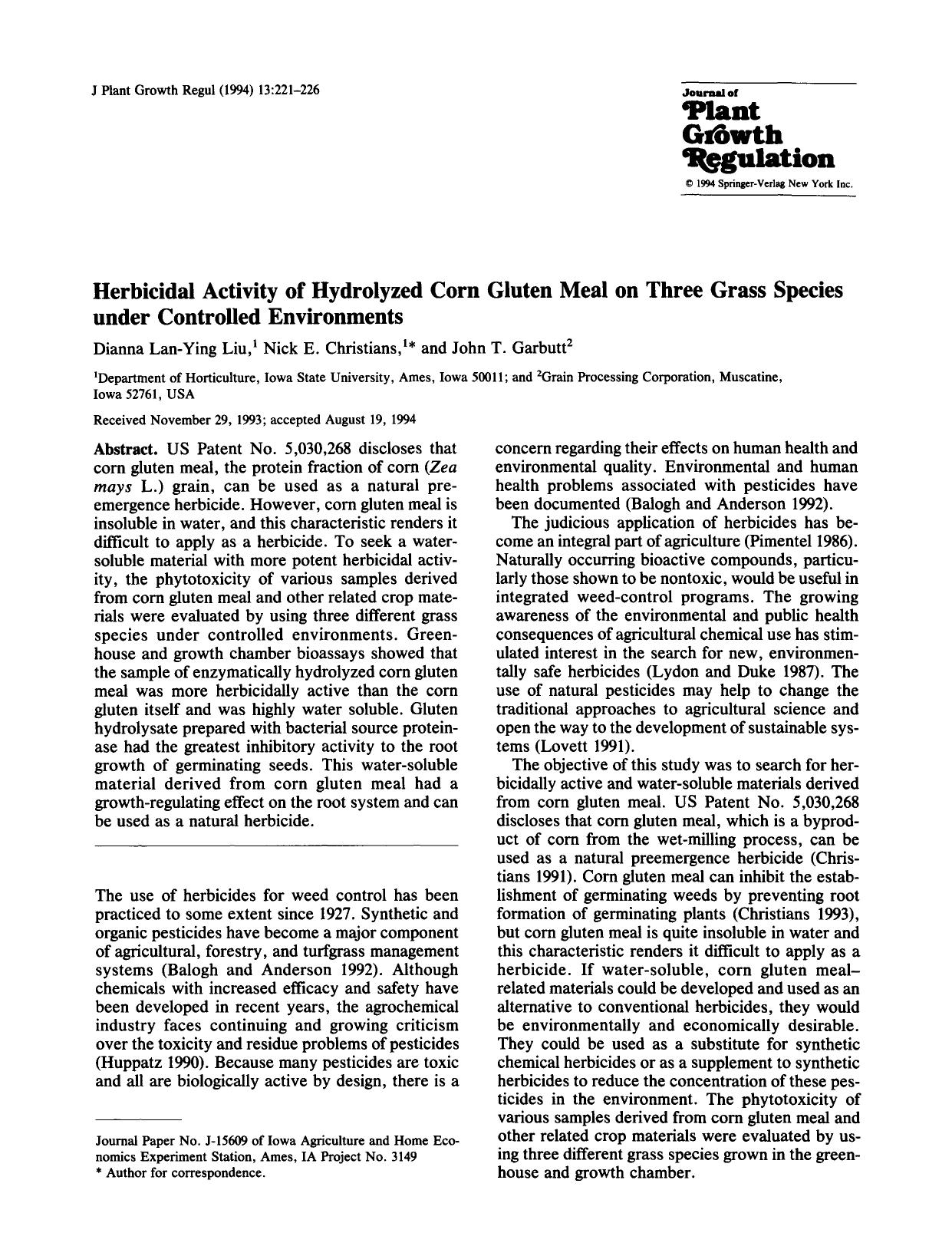 Herbicidal activity of hydrolyzed corn gluten meal on three grass species under controlled environments by Unknown