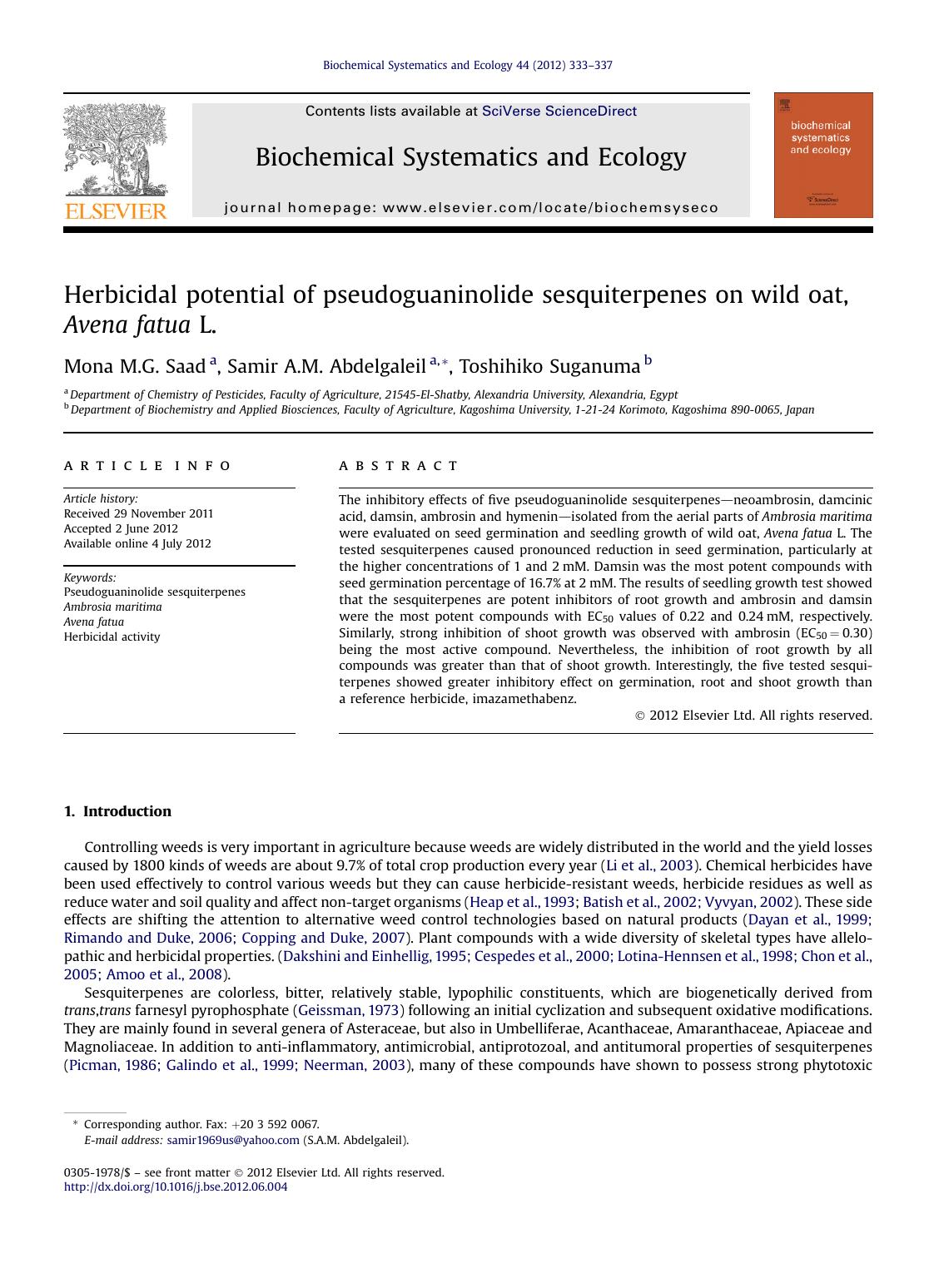 Herbicidal potential of pseudoguaninolide sesquiterpenes on wild oat, Avena fatua L. by unknow