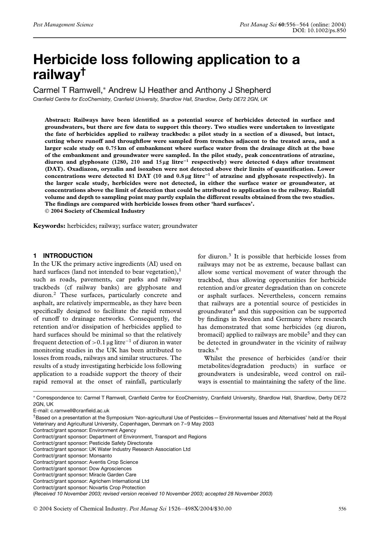 Herbicide loss following application to a railway by Unknown