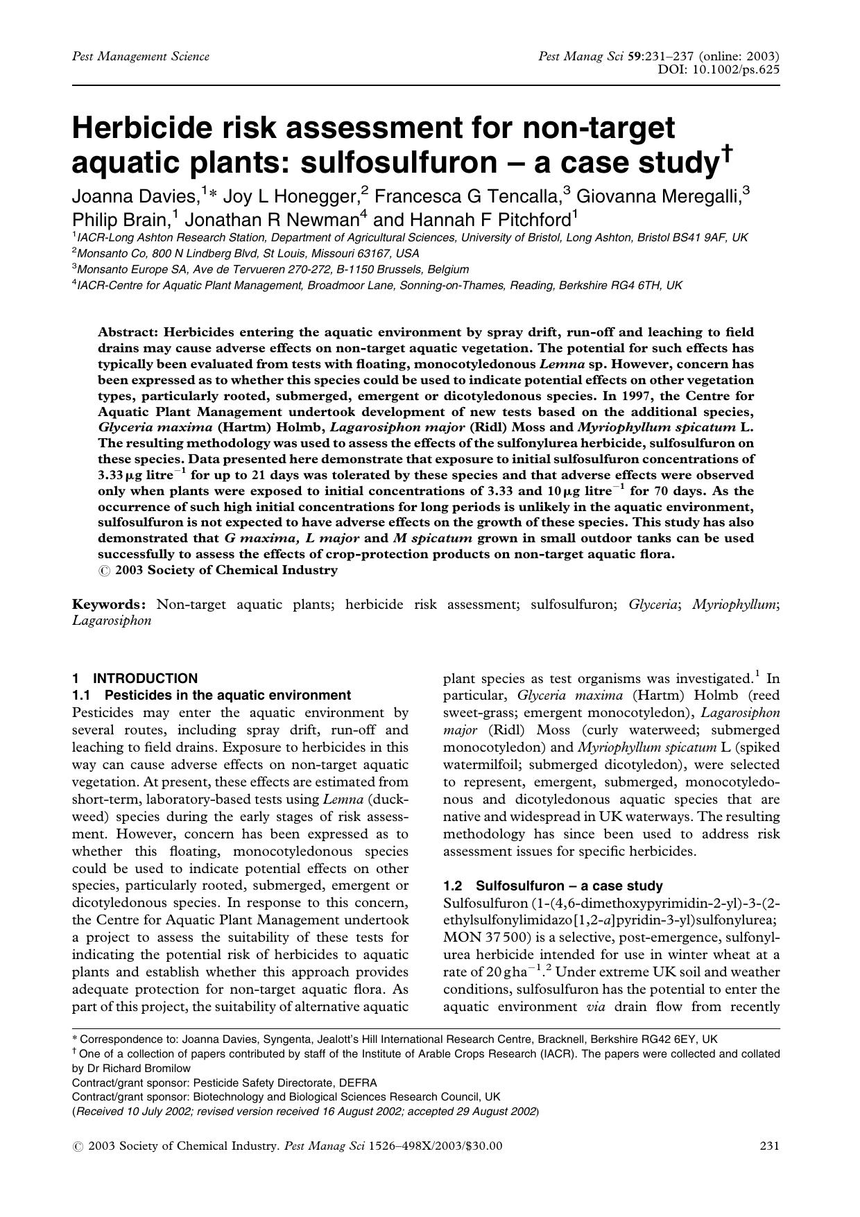 Herbicide risk assessment for non-target aquatic plants: sulfosulfuron - a case study by Unknown