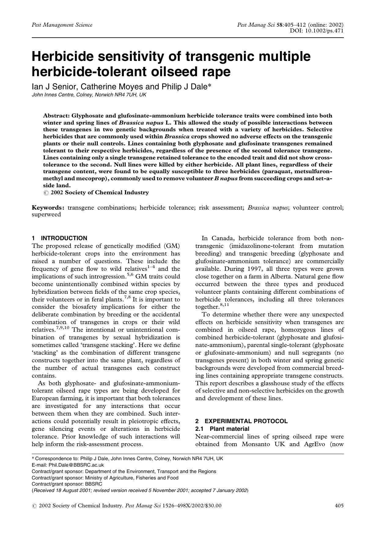 Herbicide sensitivity of transgenic multiple herbicide-tolerant oilseed rape by Unknown