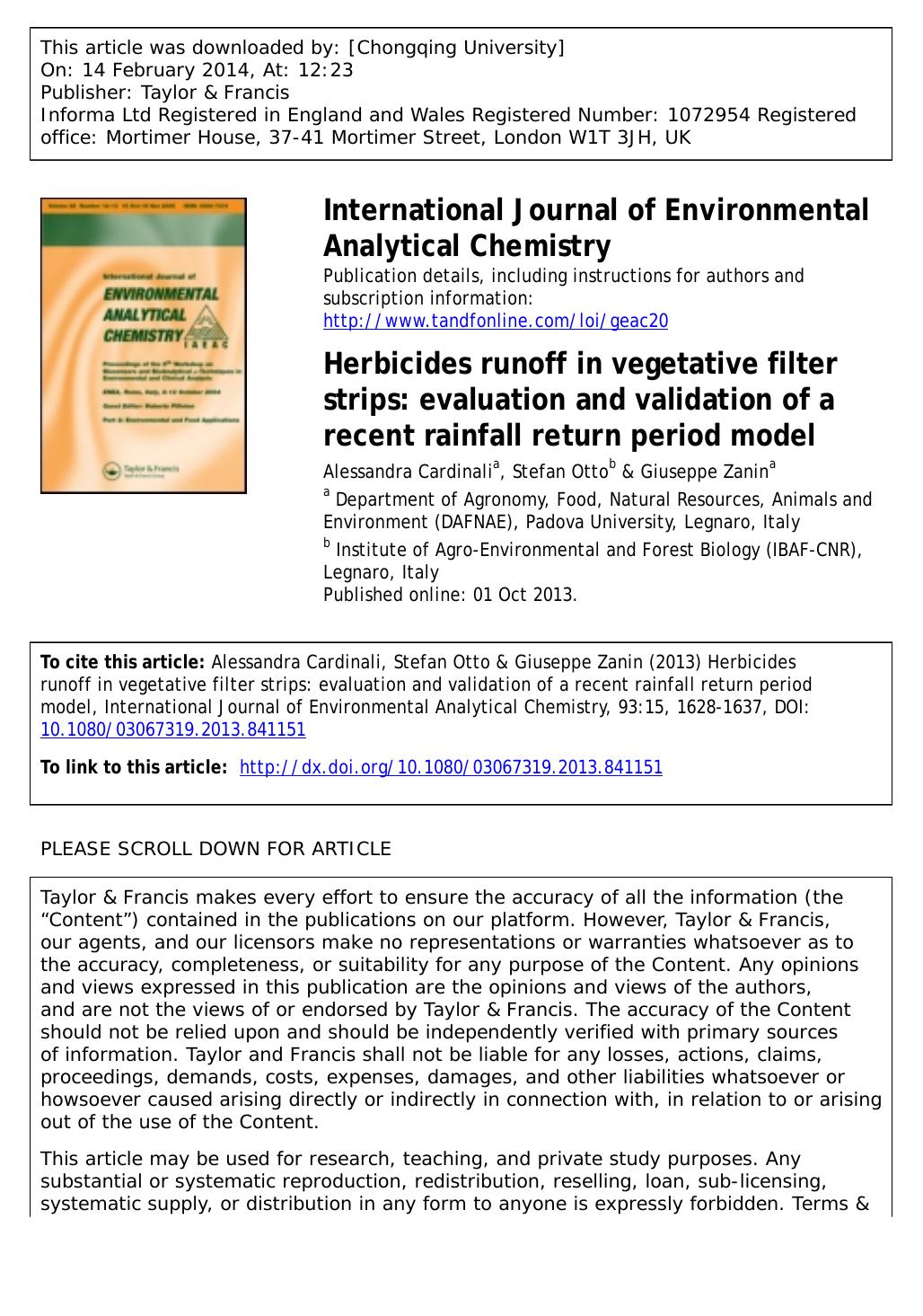 Herbicides runoff in vegetative filter strips: evaluation and validation of a recent rainfall return period model by Alessandra Cardinali & Stefan Otto & Giuseppe Zanin