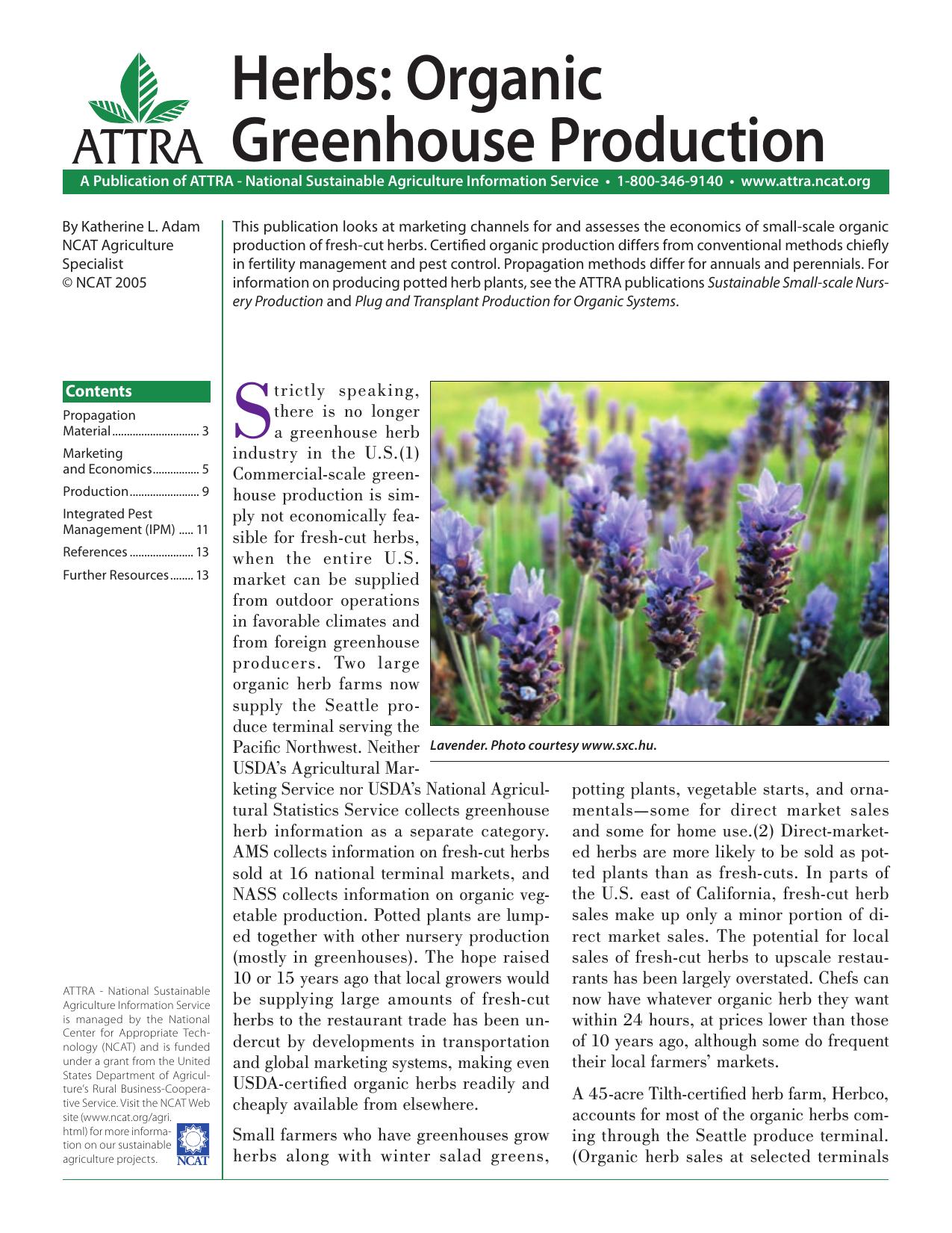 Herbs: Organic Greenhouse Production by Katherine L. Adam