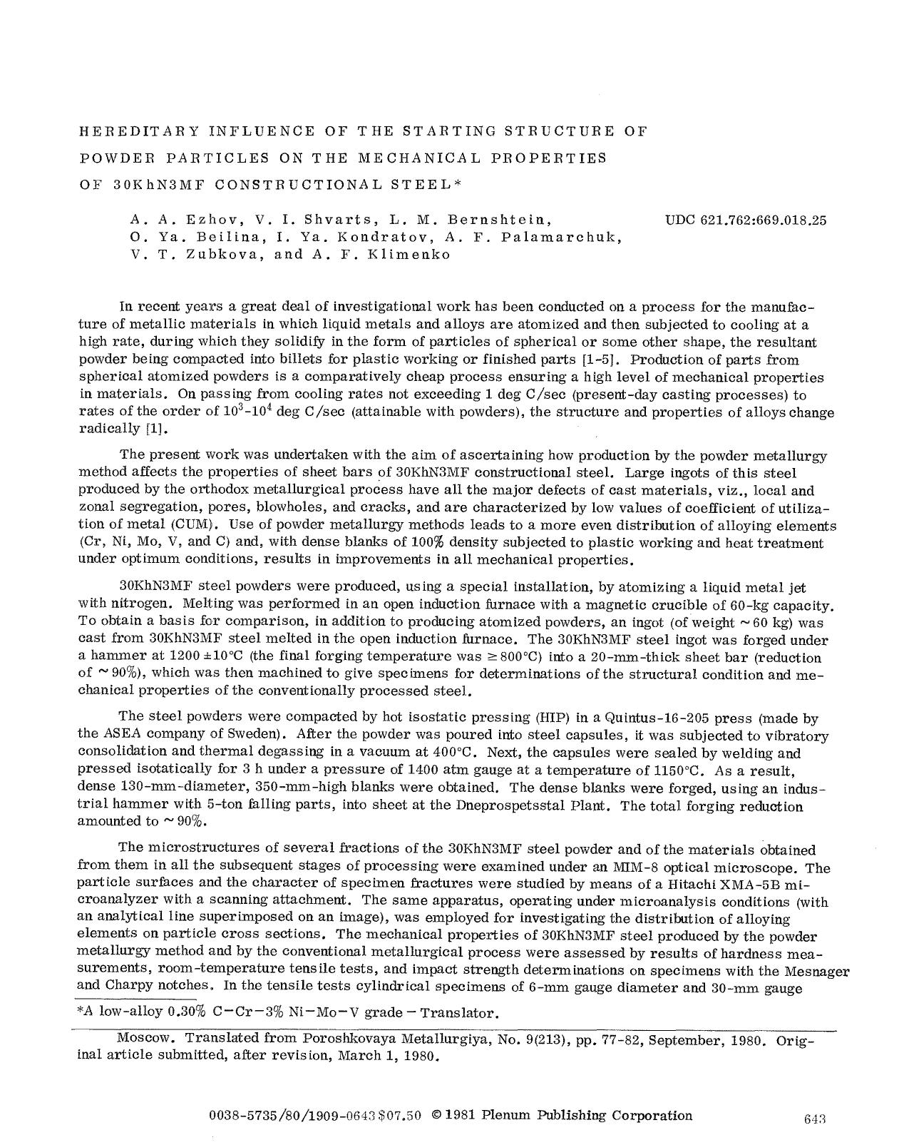 Hereditary influence of the starting structure of powder particles on the mechanical properties of 30KhN3MF constructional steel by Unknown