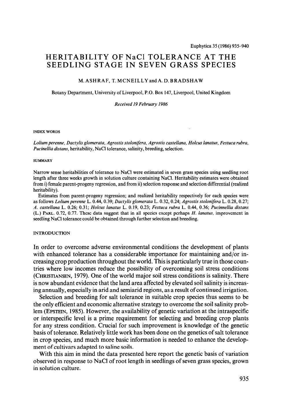 Heritability of NaCl tolerance at the seedling stage in seven grass species by Unknown