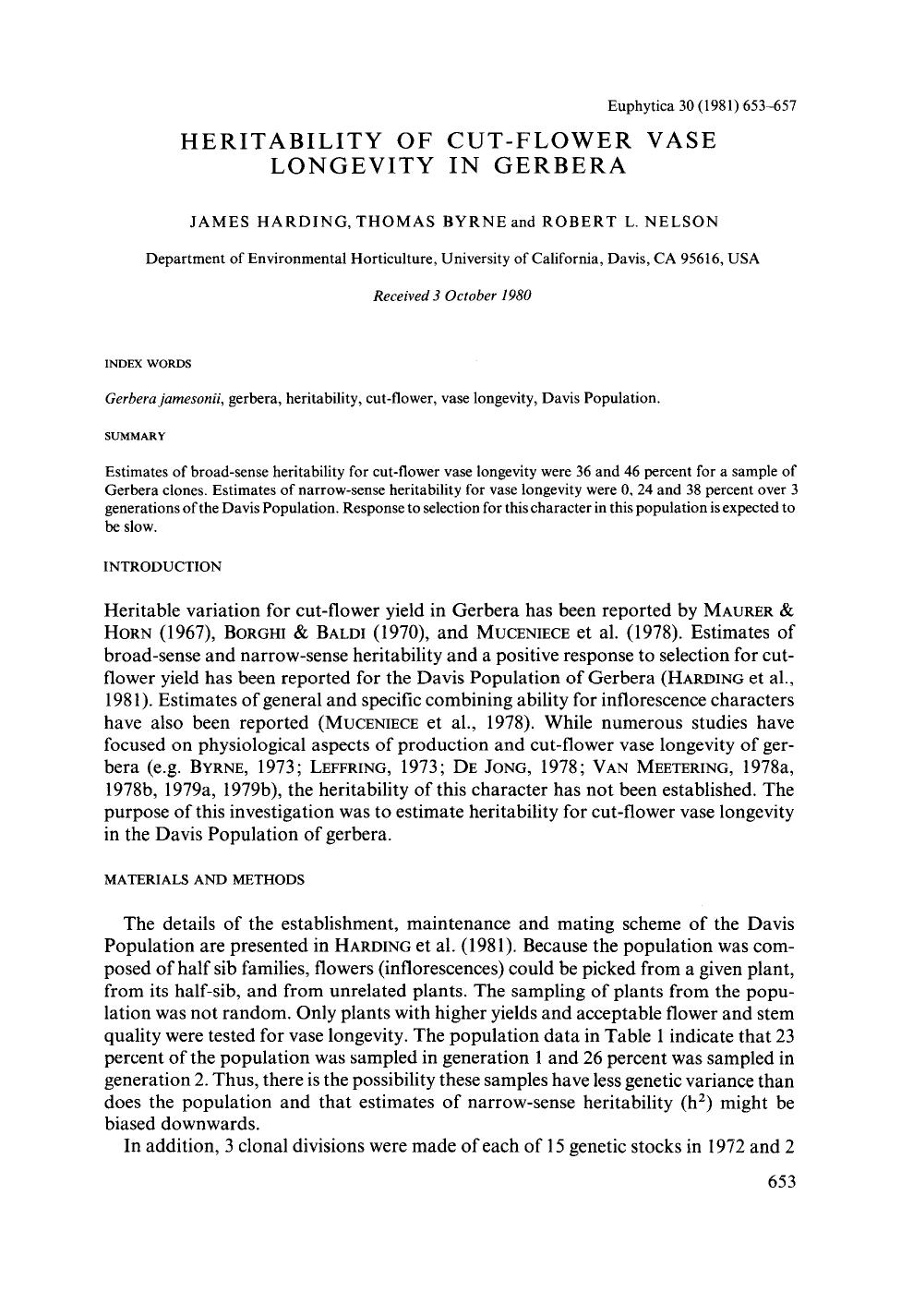 Heritability of cut-flower vase longevity in Gerbera by Unknown