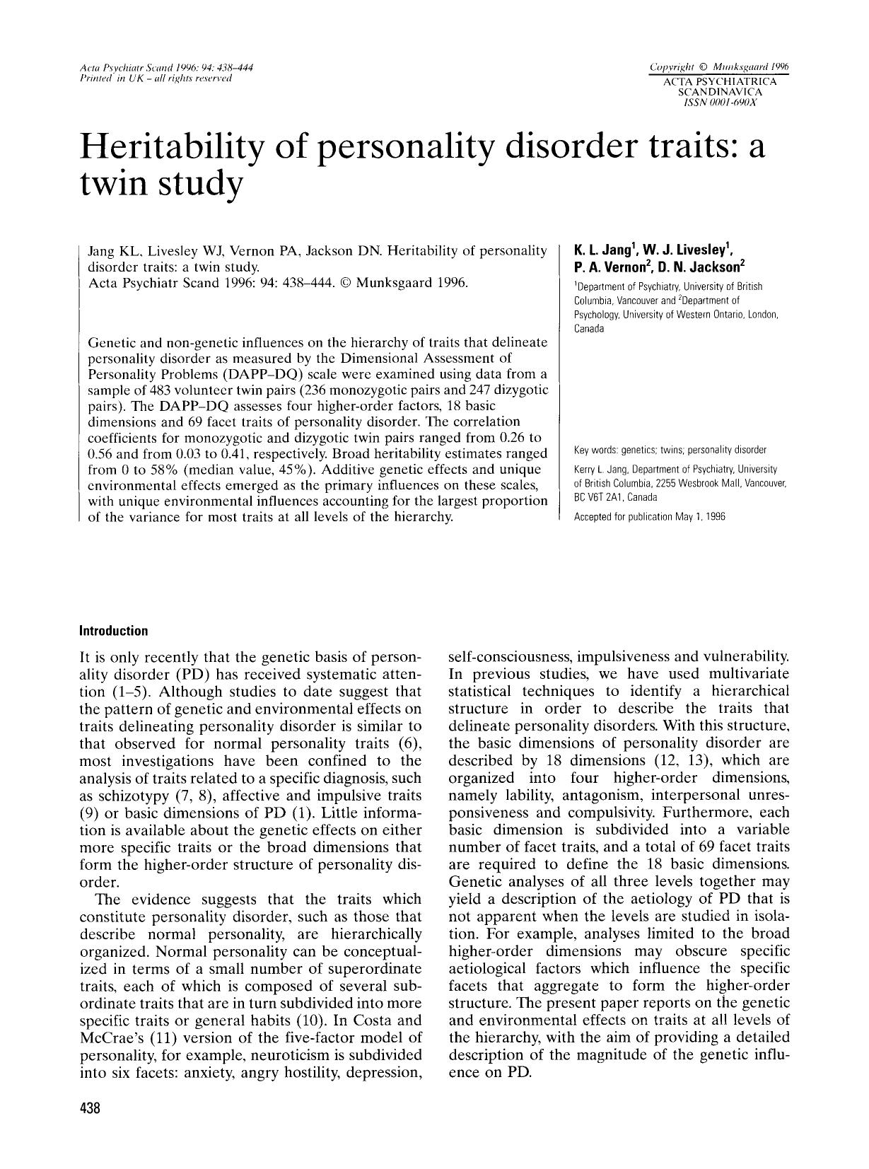 Heritability of personality disorder traits: a twin study by A Twin Study (1996) by Kerry L. Jang W. John Livesley Philip A. Vernon & Douglas N. Jackson
