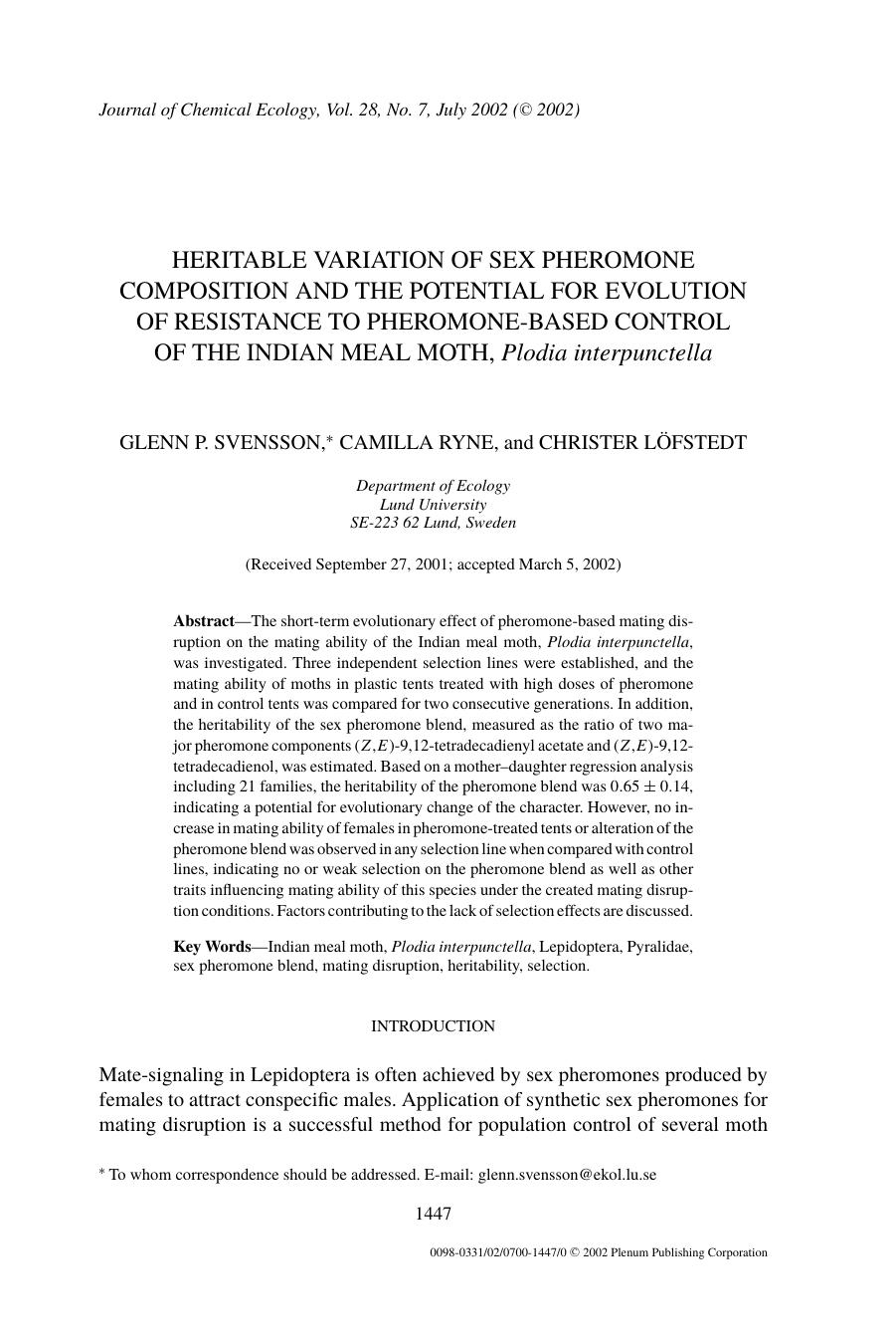 Heritable Variation of Sex Pheromone Composition and the Potential for Evolution of Resistance to Pheromone-Based Control of the Indian Meal Moth, <Emphasis Type="Italic">Plodia In by Unknown