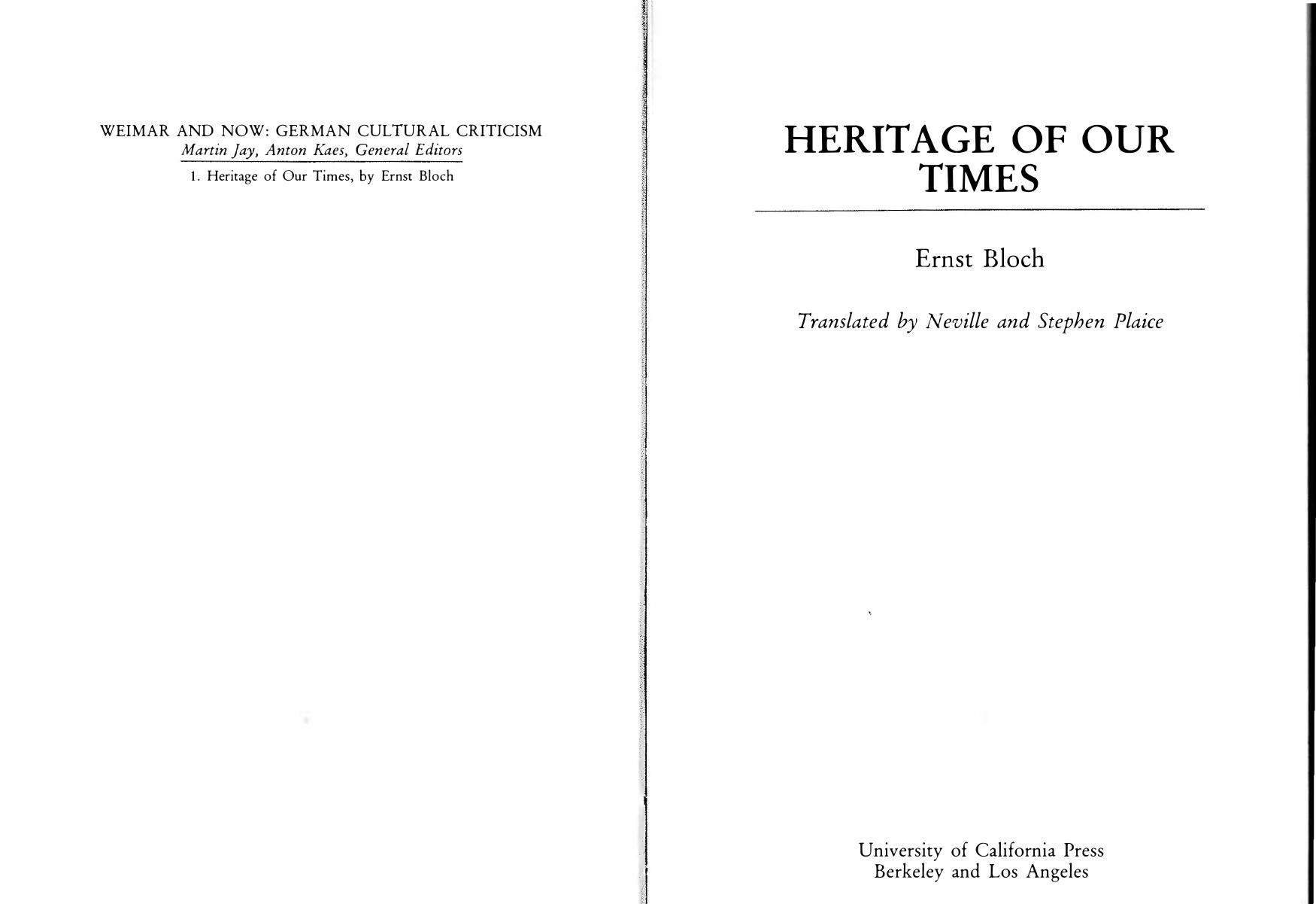 Heritage of Our Times by Ernst Bloch translated by Neville and Stephen Plaice