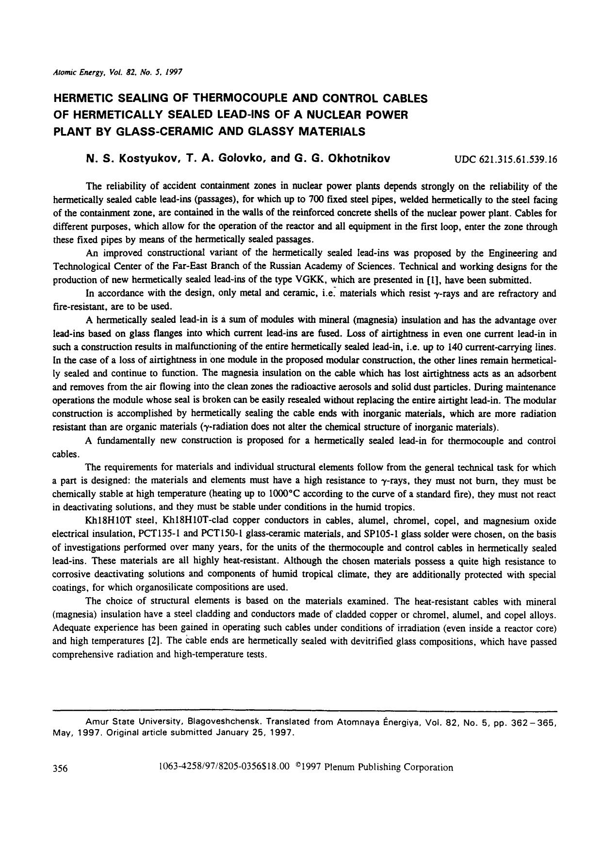 Hermetic sealing of thermocouple and control cables of hermetically sealed lead-ins of a nuclear power plant by glass-ceramic and glassy materials by Unknown