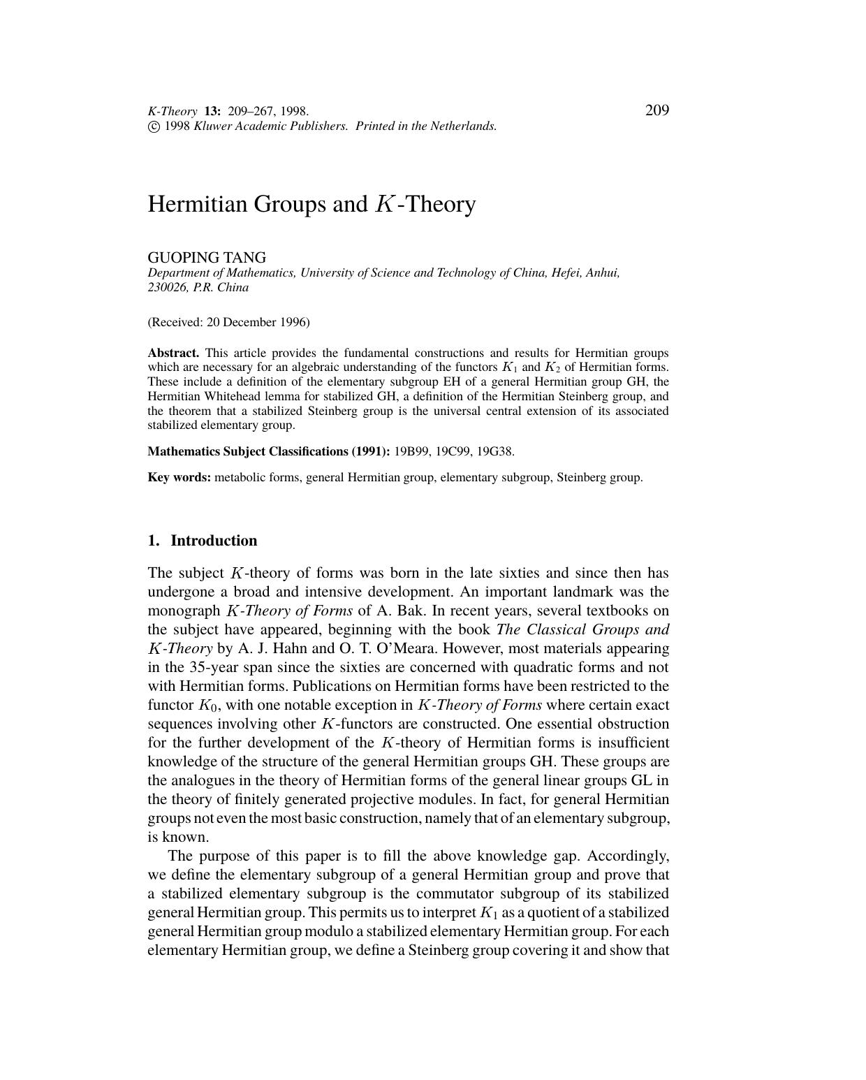 Hermitian Groups and K-Theory by Unknown