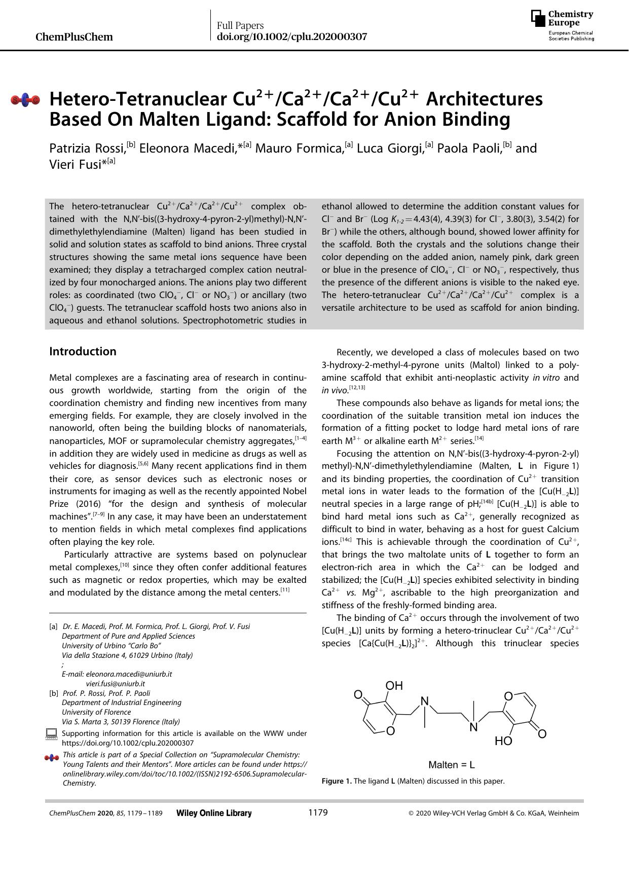 HeteroâTetranuclear Cu2+Ca2+Ca2+Cu2+ Architectures Based On Malten Ligand: Scaffold for Anion Binding by Unknown